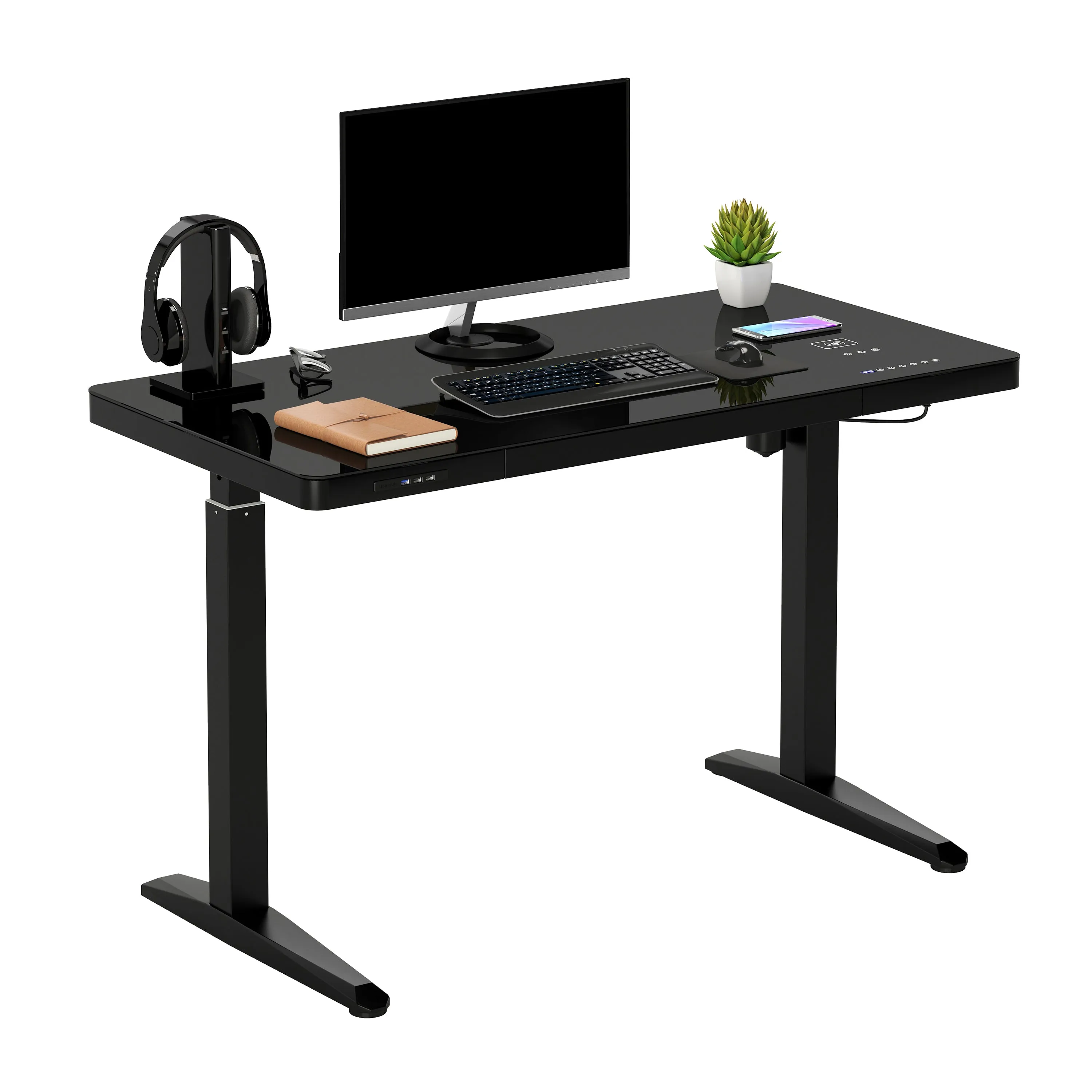 Electronic Glass Desk With Adjustable Height, Storage, Speaker, Wireless charging & USB