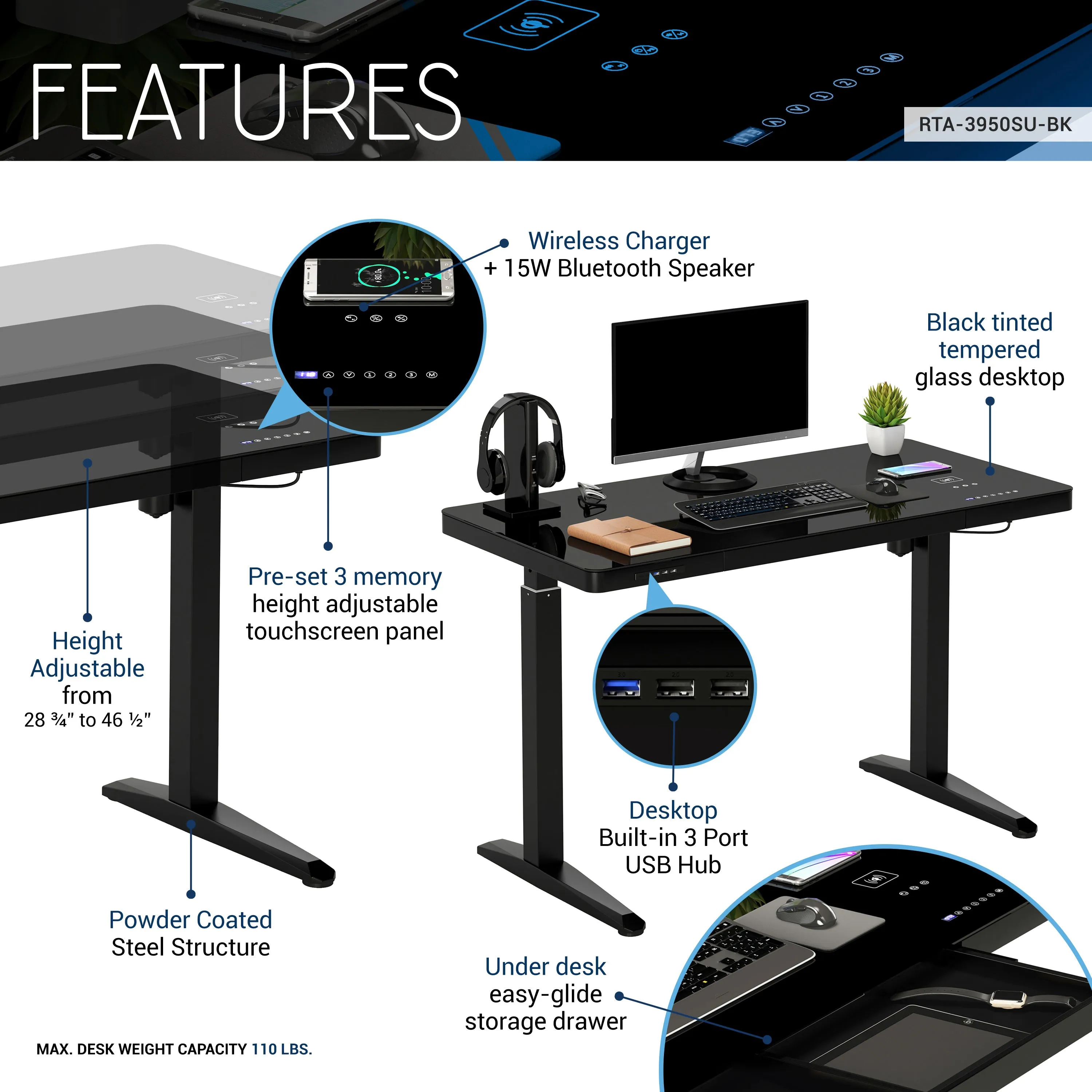 Electronic Glass Desk With Adjustable Height, Storage, Speaker, Wireless charging & USB