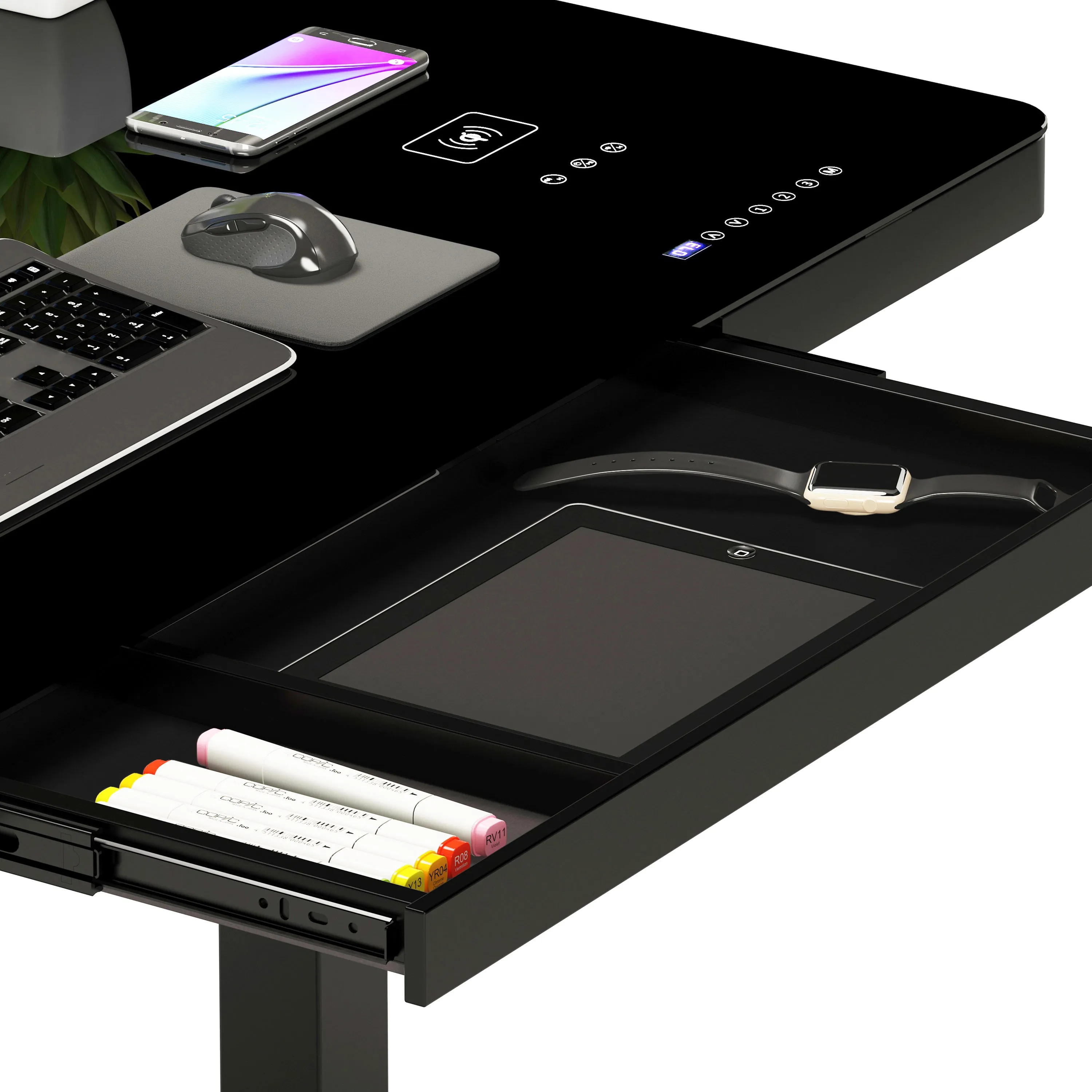 Electronic Glass Desk With Adjustable Height, Storage, Speaker, Wireless charging & USB