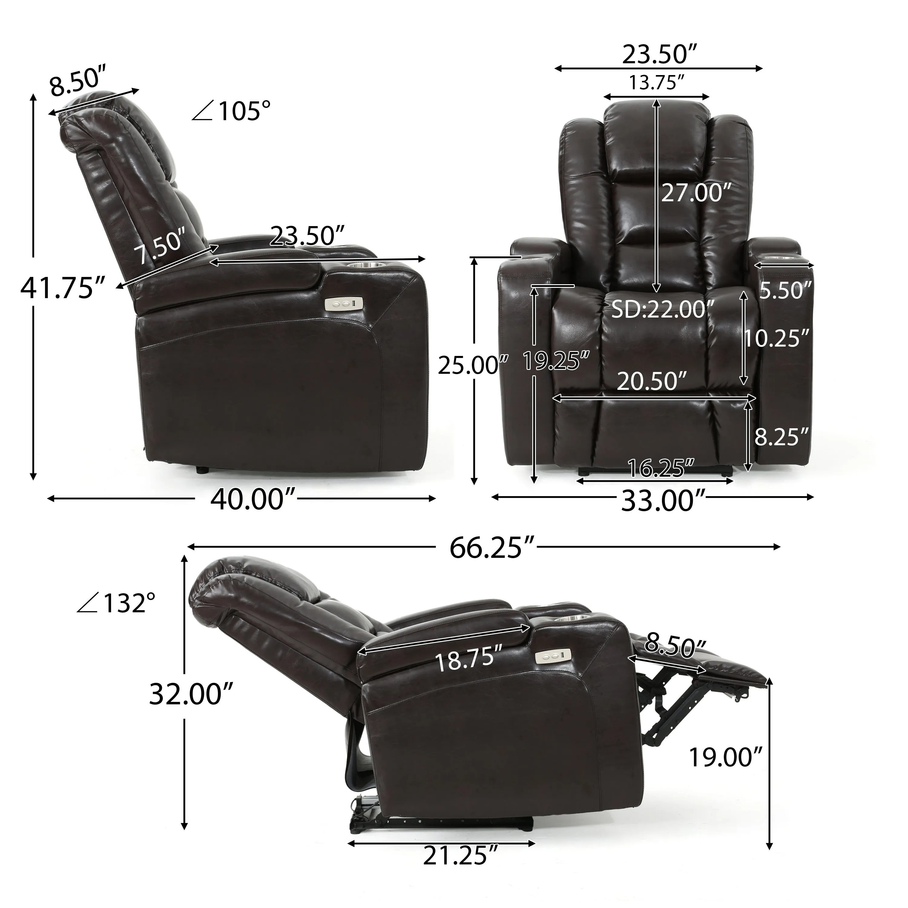 Everette Brown Leather Power Recliner With Storage, Cup Holder, and USB Charger