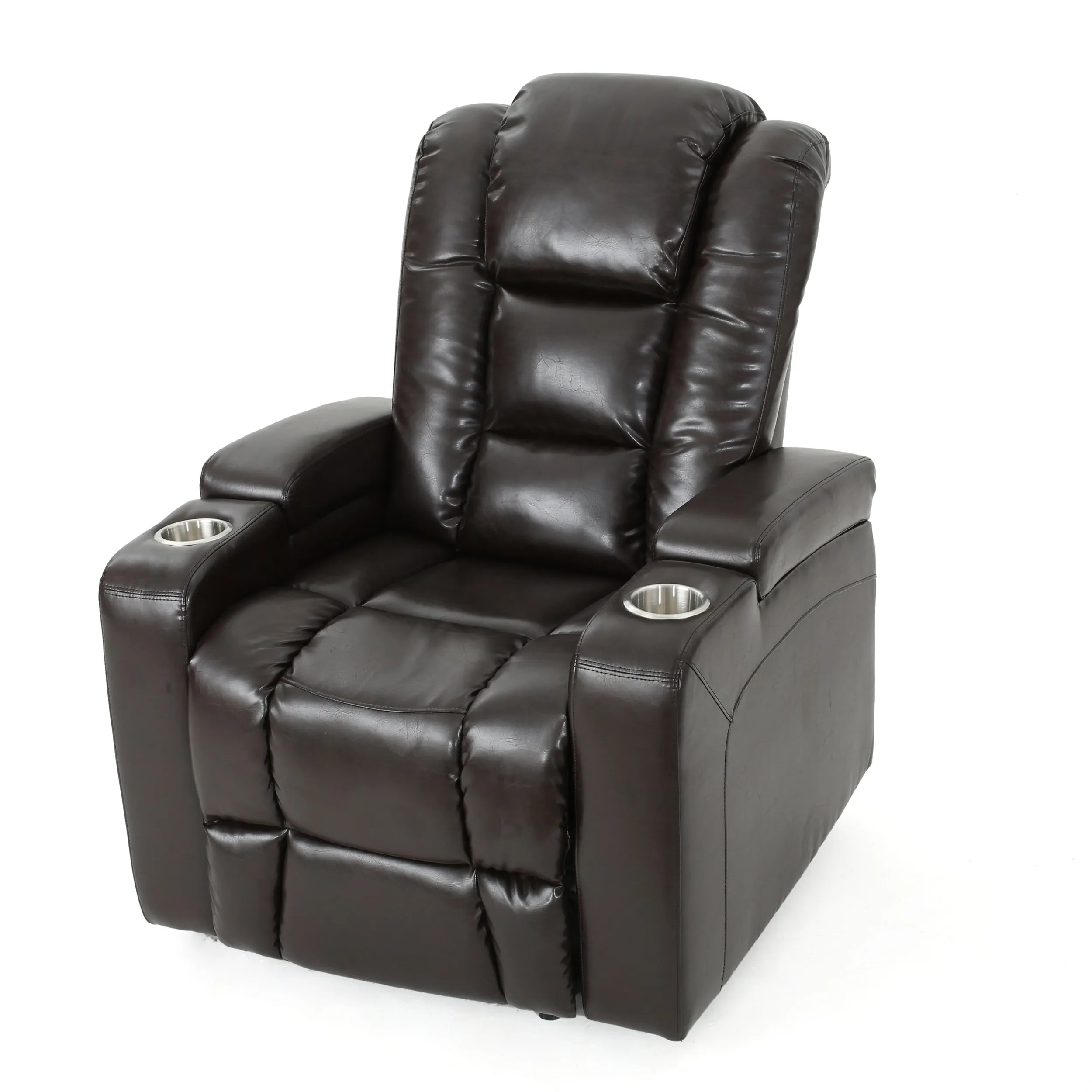 Everette Brown Leather Power Recliner With Storage, Cup Holder, and USB Charger