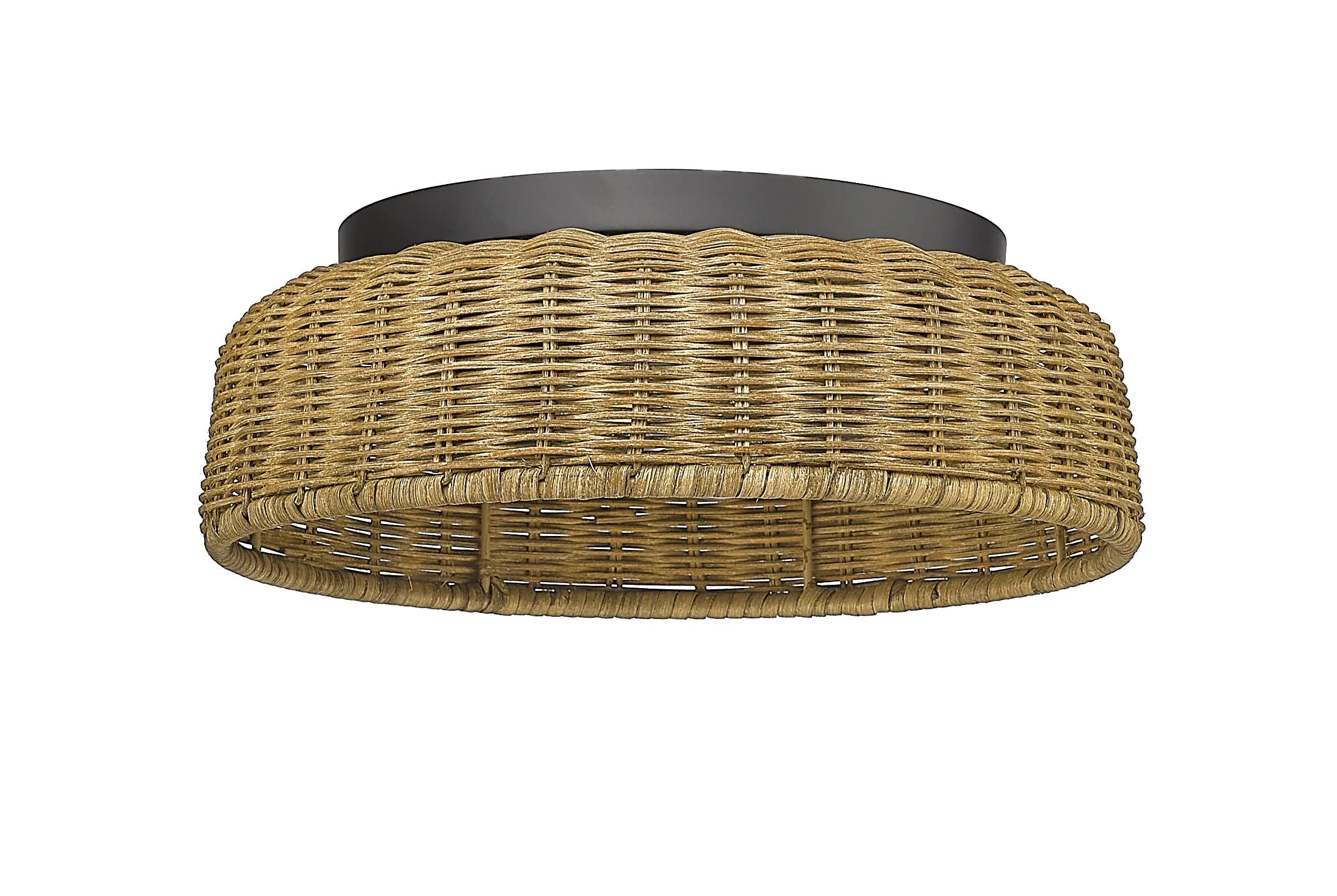 Flush Mount Fixture - Matte Black - Rattan Shade - 12in. Diameter - E12 Candelabra Base