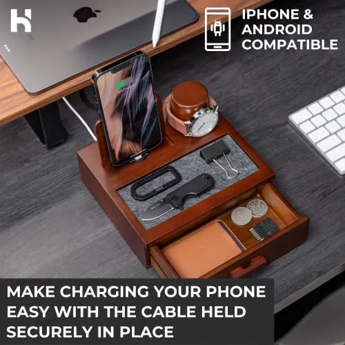 Holme & Hadfield Mens Organizer Wood Phone Dock Accessory Tray Charging Station