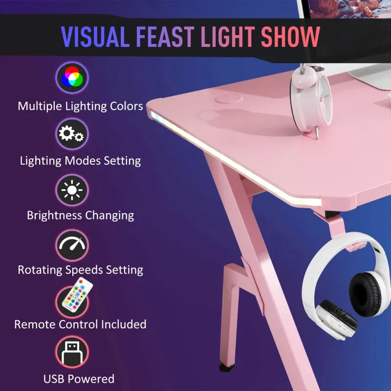 HOMCOM Gaming Desk with LED Lighting Strip 120cm Pink