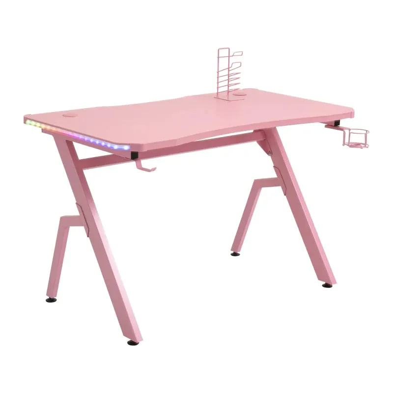 HOMCOM Gaming Desk with LED Lighting Strip 120cm Pink