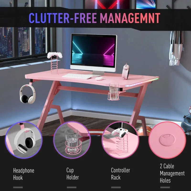 HOMCOM Gaming Desk with LED Lighting Strip 120cm Pink