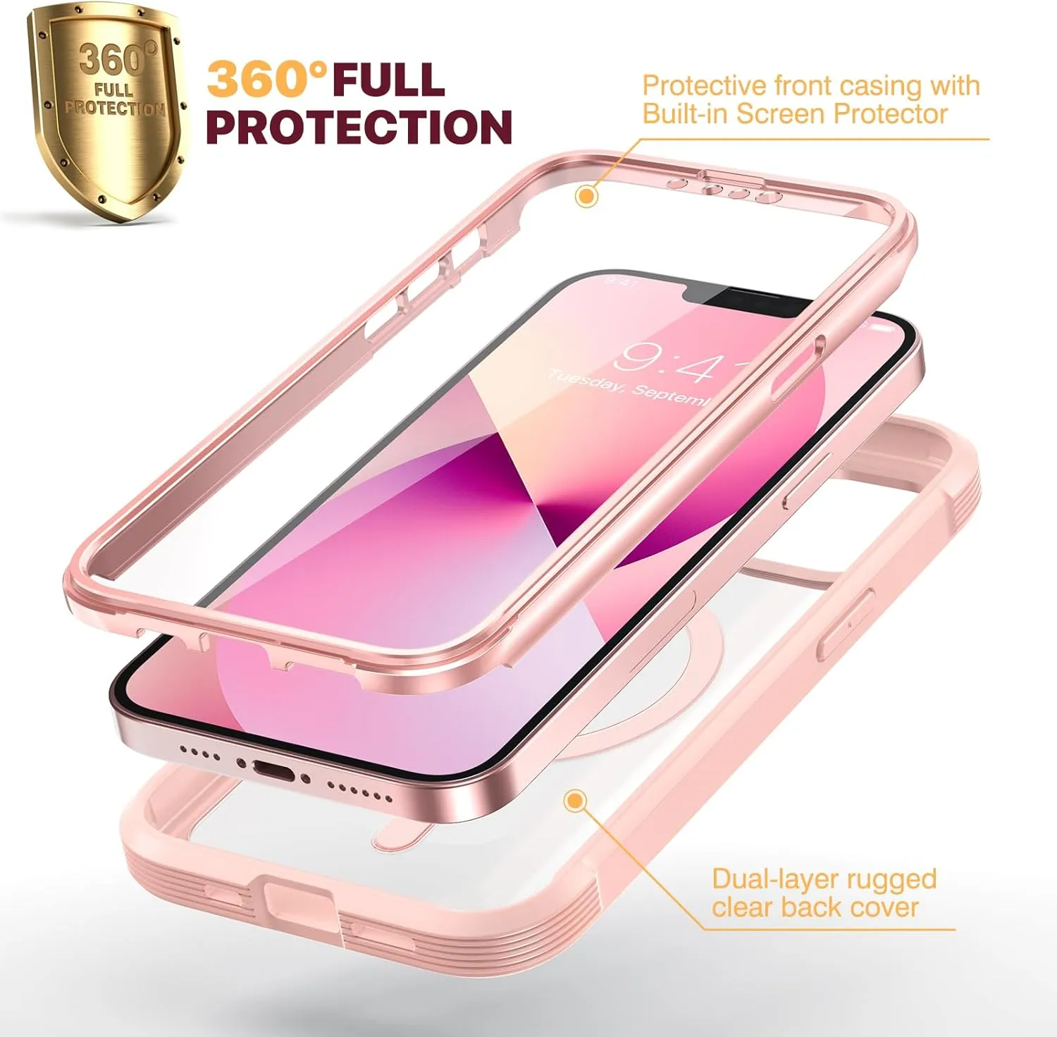 iPhone 16 Case, Full Body Rugged Case Touch Sensitive Anti-Scratch Screen Protector Pink