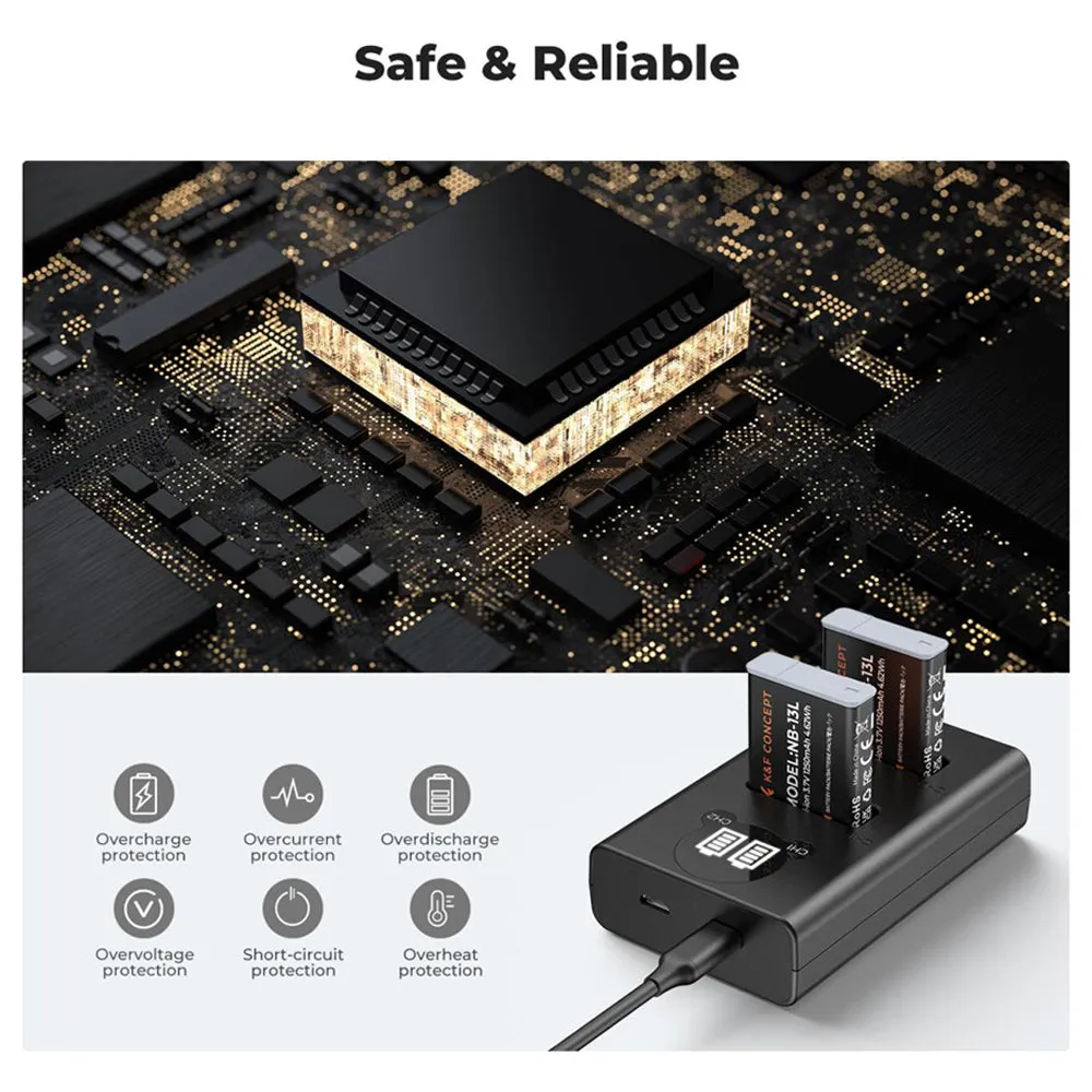 K&F Concept (2-PC) NB-13L Battery & Charger Kit - 1250mAh Batteries & Dual Charging Dock with Micro-USB/Type-C Input for Canon PowerShot G5 X Mark II, G7 X, SX740 HS, SX730 HS, G9 X Mark II, G1 X Mark III, SX720 HS, SX620 HS Camera | NB13L