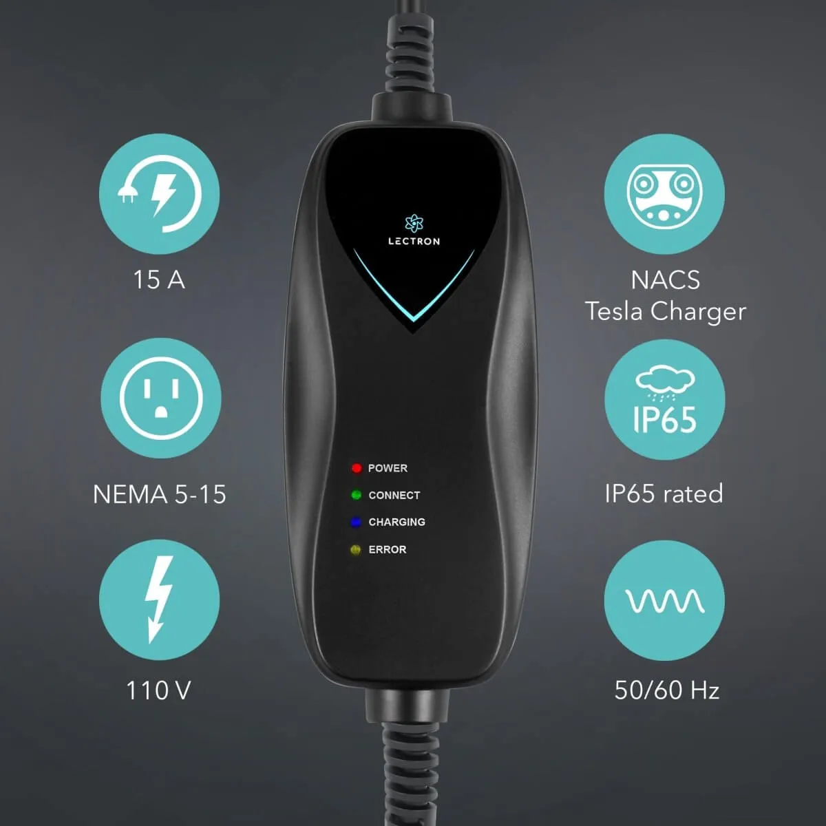 Lectron Portable Level 1 Tesla EV Charger | 110V | 15 Amp | NEMA 5-15 | Standard / WiFi-Enabled