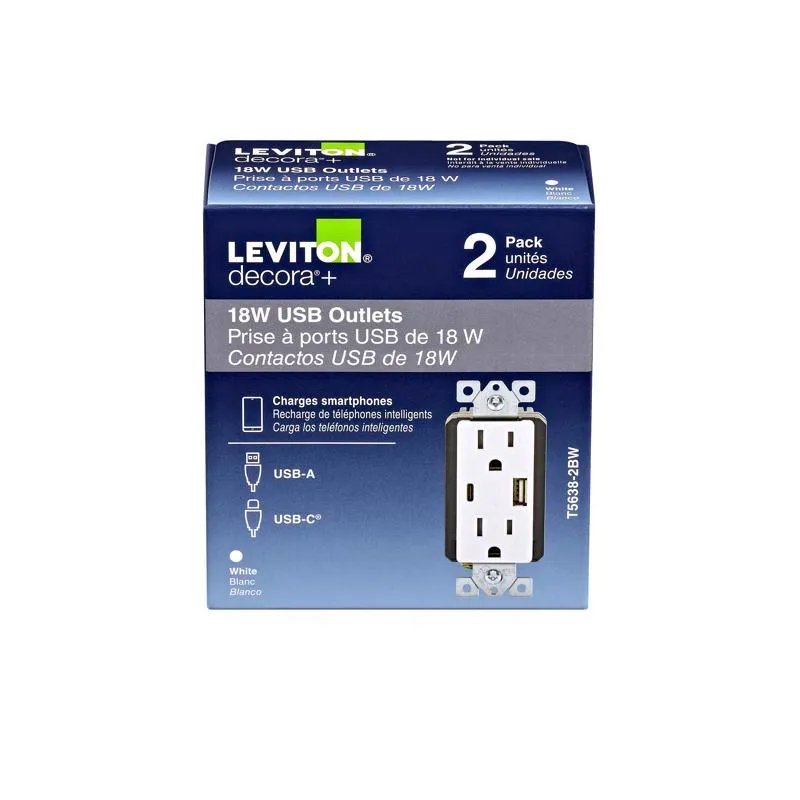 Leviton 15 amps 125 V Type A/C Duplex White Outlet and USB Charger 5-15 R 1 pk