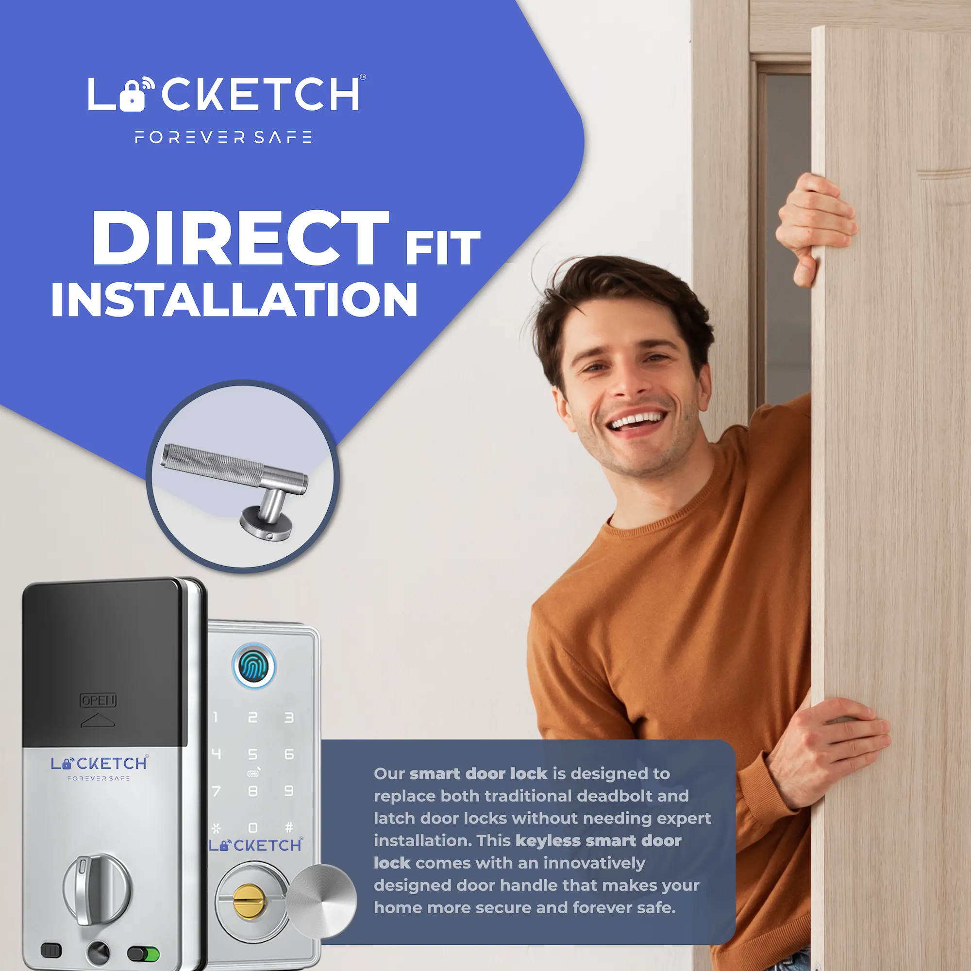 Locketch Deadbolt Smart Door Lock – 4-In-1 Keyless Smart Door Lock with Door Handle – Direct Fit Installation – Wi-Fi Connection