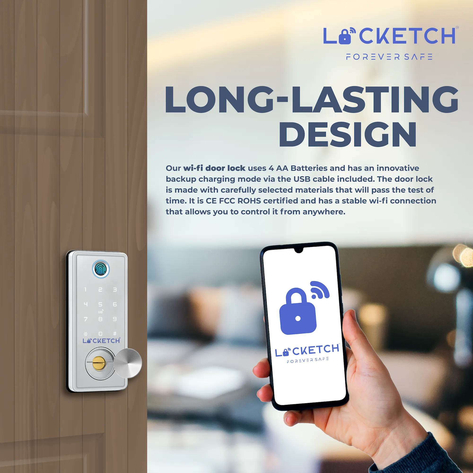 Locketch Deadbolt Smart Door Lock – 4-In-1 Keyless Smart Door Lock with Door Handle – Direct Fit Installation – Wi-Fi Connection