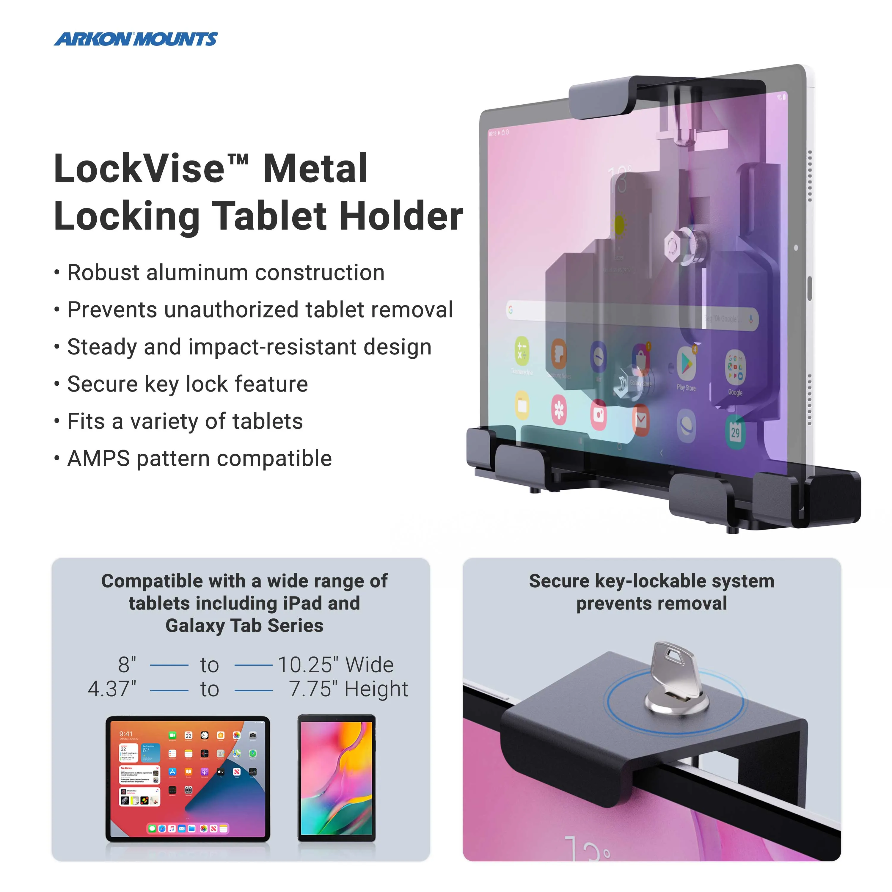 LockVise™ Metal Locking Tablet Mount with Drill Base Mount and Magnetic Lightning Charge Cable for Commercial and Enterprise