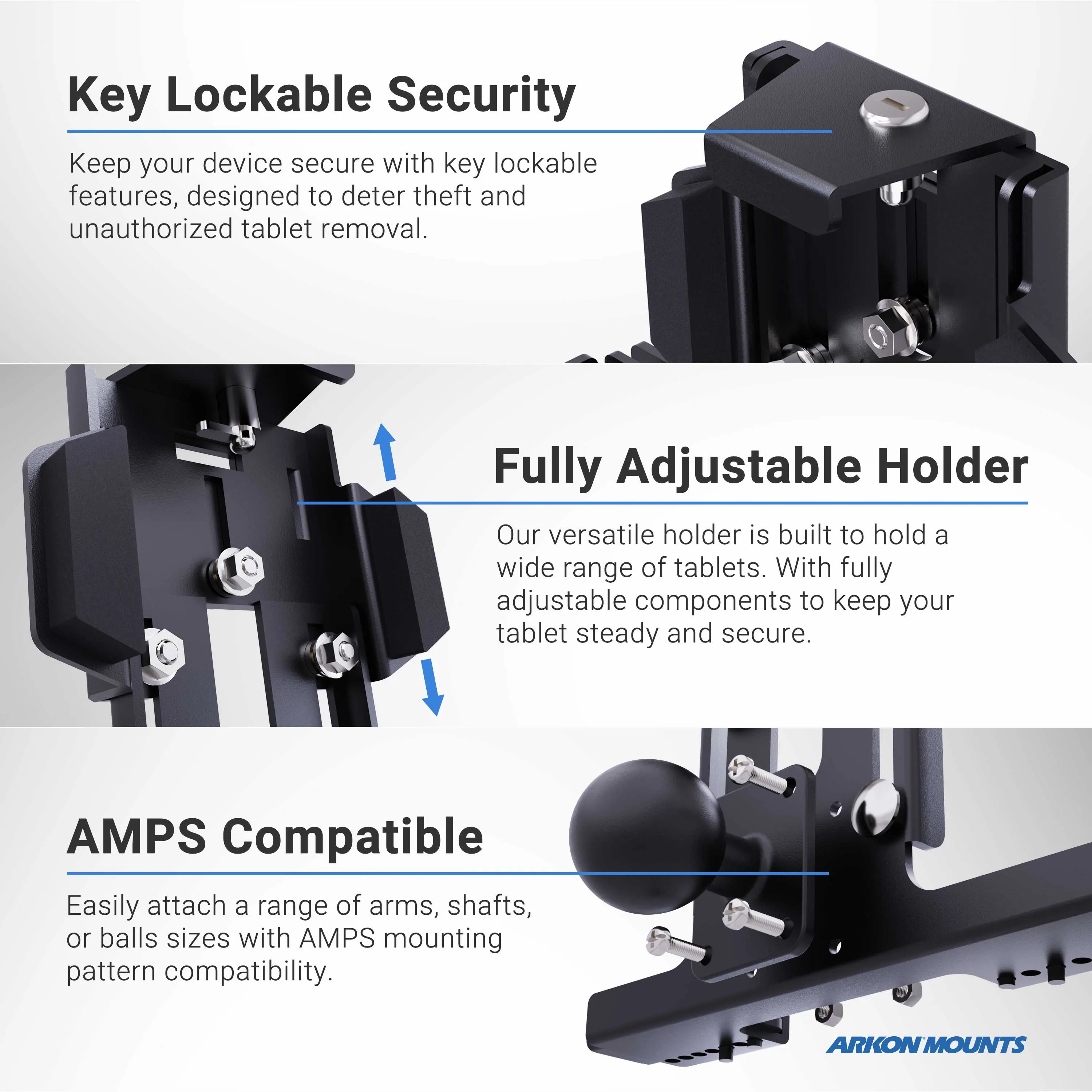 LockVise™ Metal Locking Tablet Mount with Drill Base Mount and Magnetic Lightning Charge Cable for Commercial and Enterprise