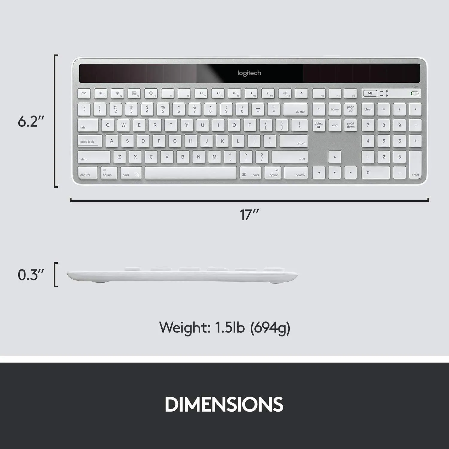 Logitech K750 Wireless Solar Recharging Slim Keyboard for Mac 920-003677, Silver