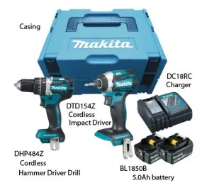 MAKITA 18V COMBO SET (DLX 2181 TJ), Includes DHP 484 Z   DTD 154 Z, WITH 2X 5.0AH BATTERY & CHARGER DLX 2181 TJ