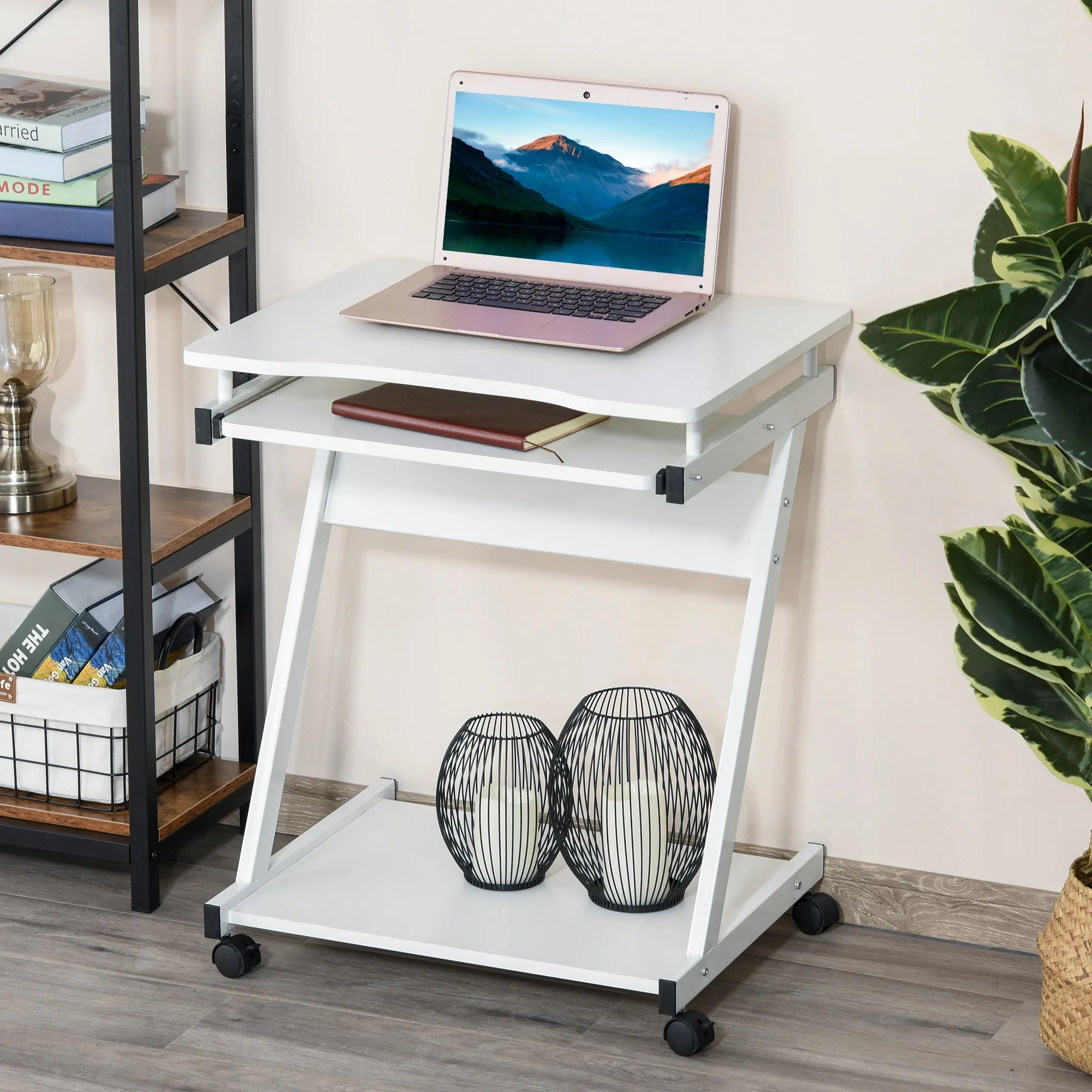 Movable Computer Desk with 4 Moving Wheels Sliding Keyboard Tray Home Office Workstation White