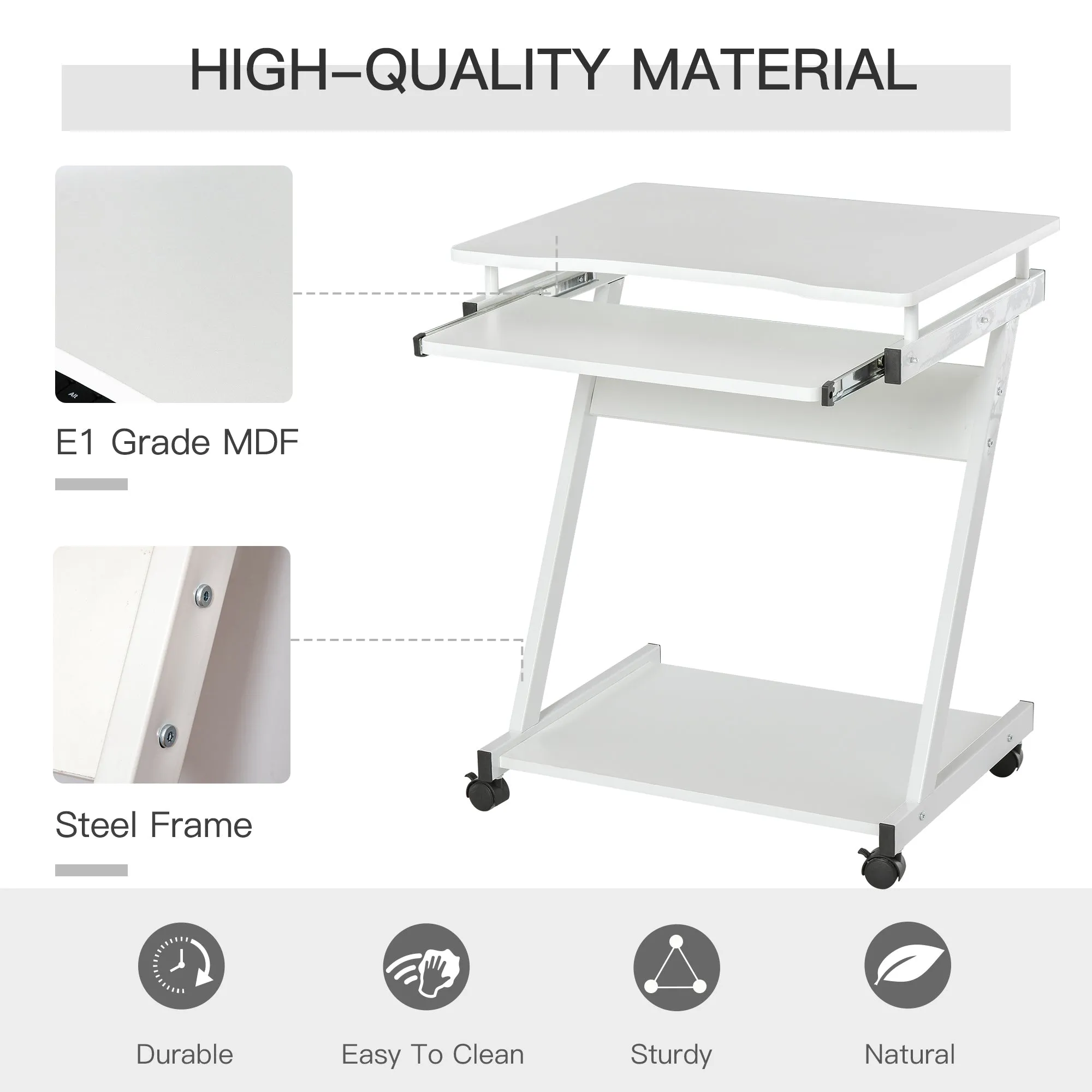 Movable Computer Desk with 4 Moving Wheels Sliding Keyboard Tray Home Office Workstation White