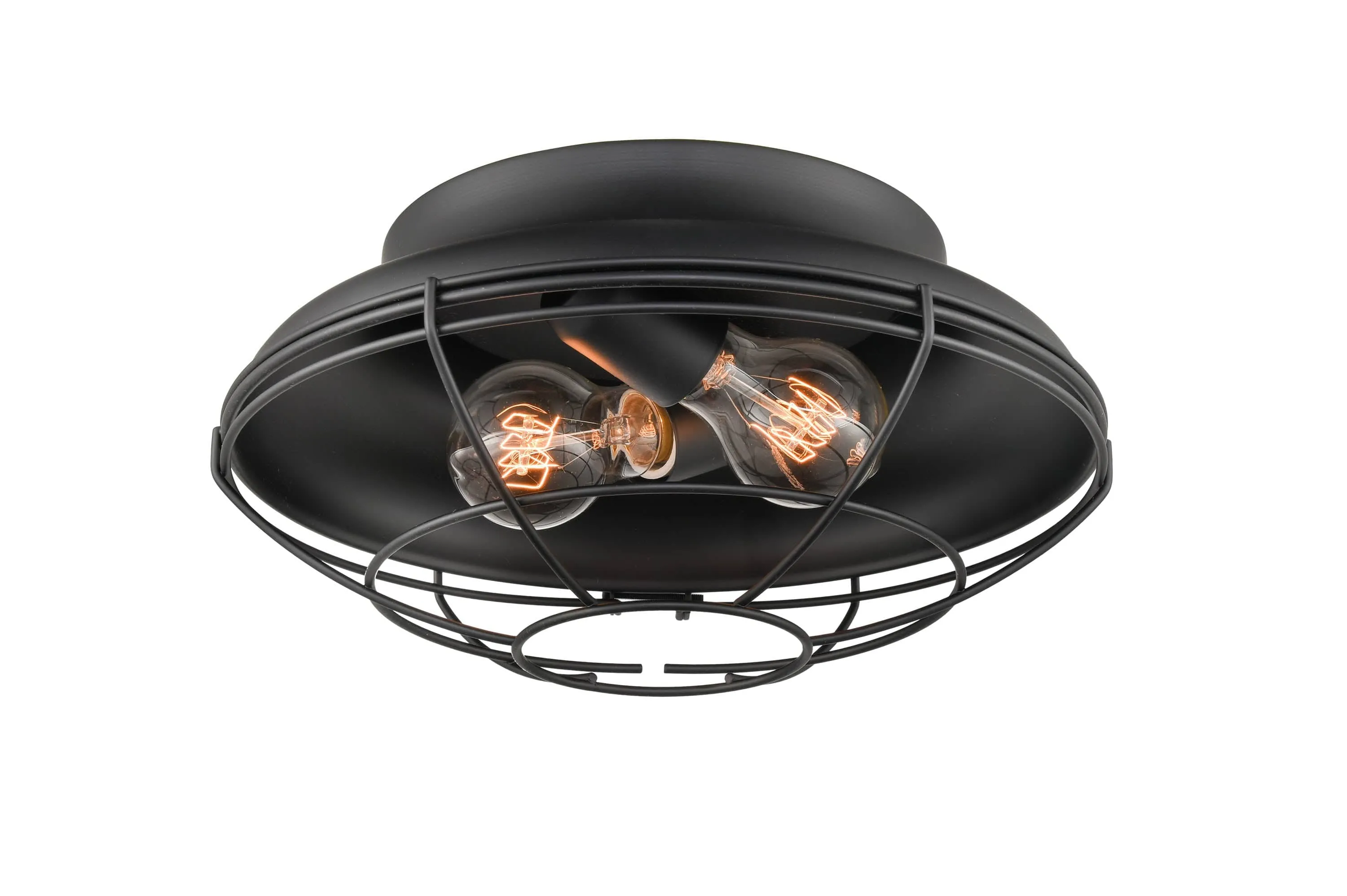 Neo-Industrial Flush Mount Fixture - Matte Black - Wire Guard - 12.375in. Diameter - E26 Medium Base