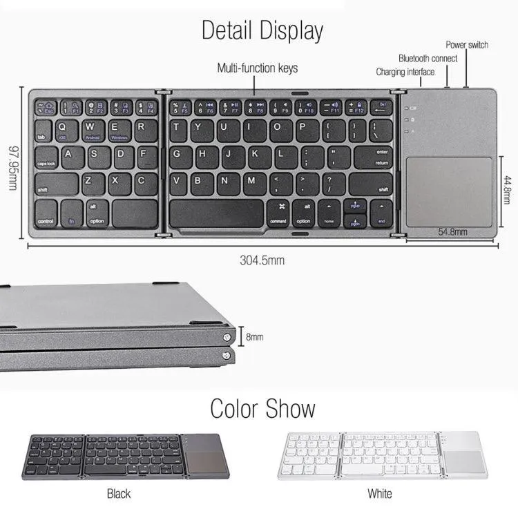 Portable Bluetooth 3-Folding 64-Key Wireless Keyboard with Touchpad