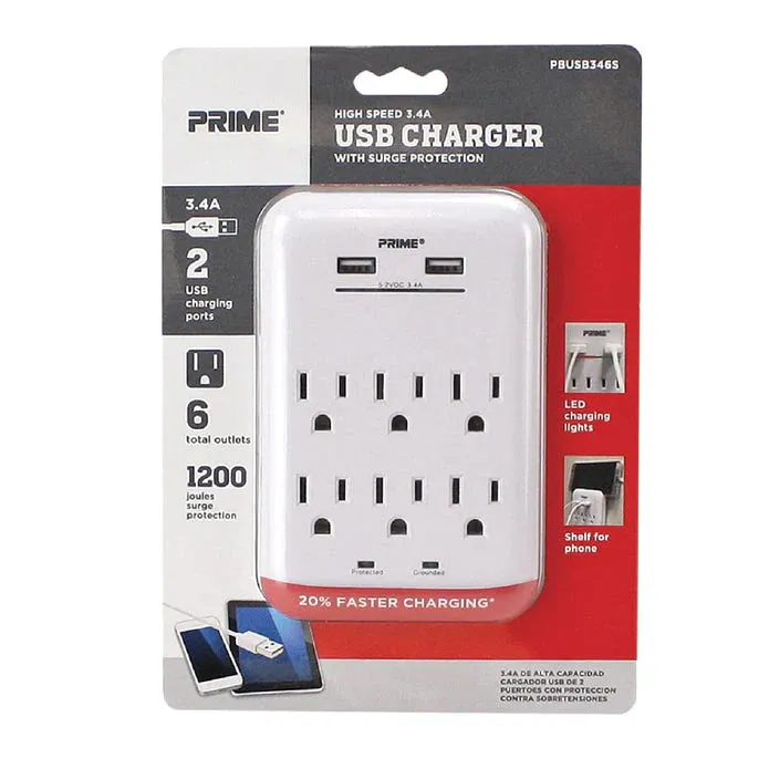 Prime Line 6-Outlet 1200 Joule Surge Tap w/2-Port 3.4A USB Charger