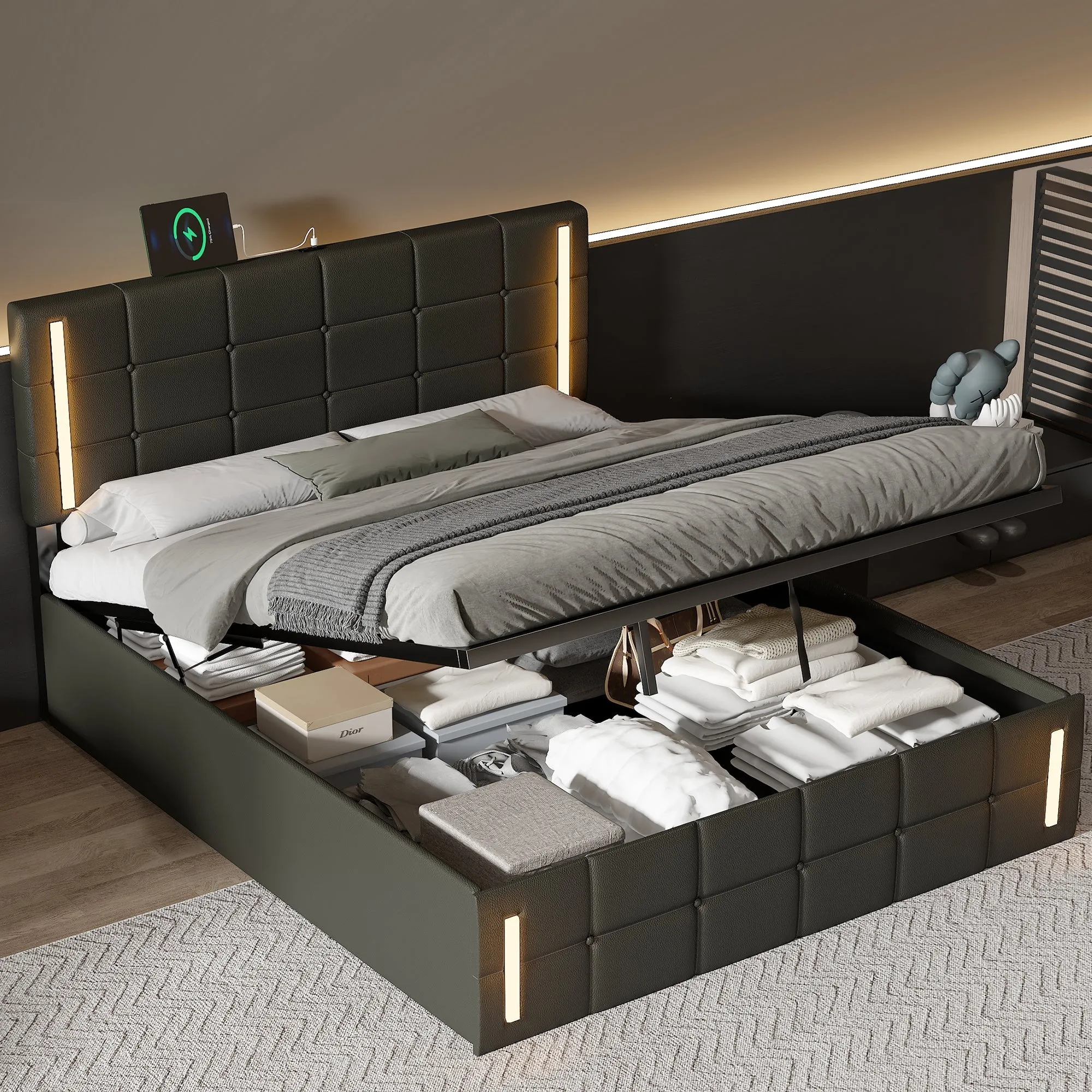 Queen Size Upholstered Bed with LED Lights, Hydraulic Storage System, and USB Charging Station