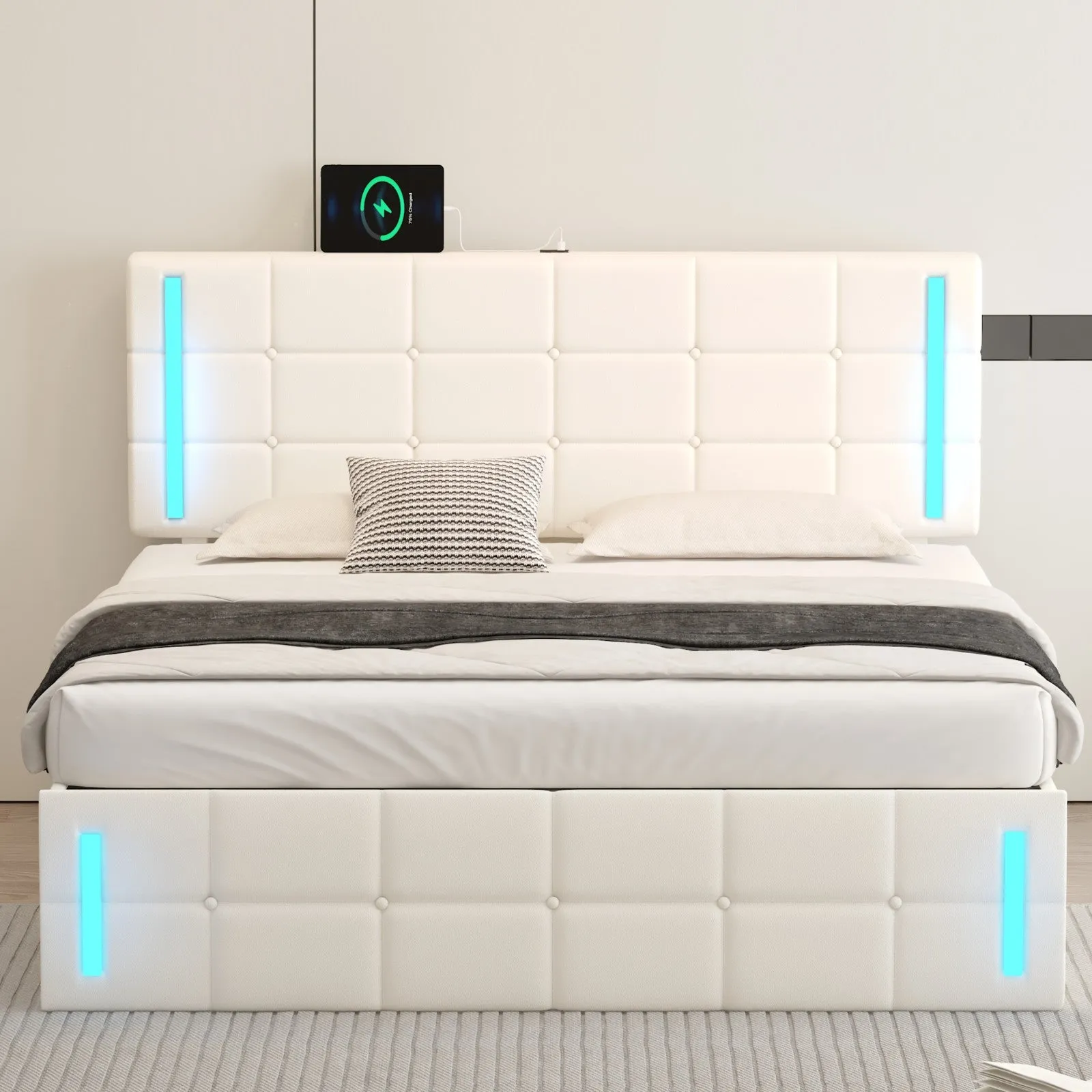 Queen Size Upholstered Bed with LED Lights, Hydraulic Storage System, and USB Charging Station