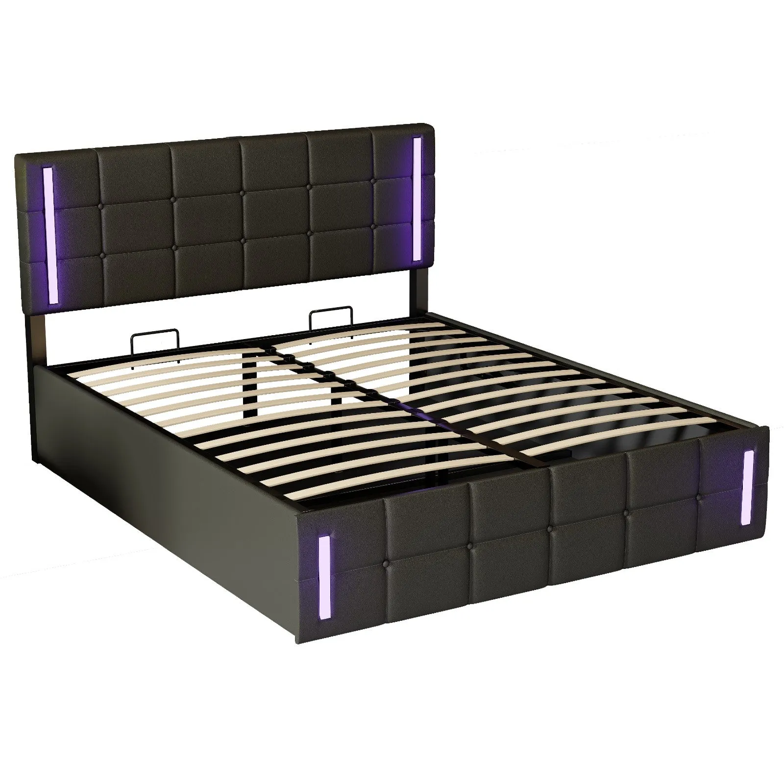 Queen Size Upholstered Bed with LED Lights, Hydraulic Storage System, and USB Charging Station