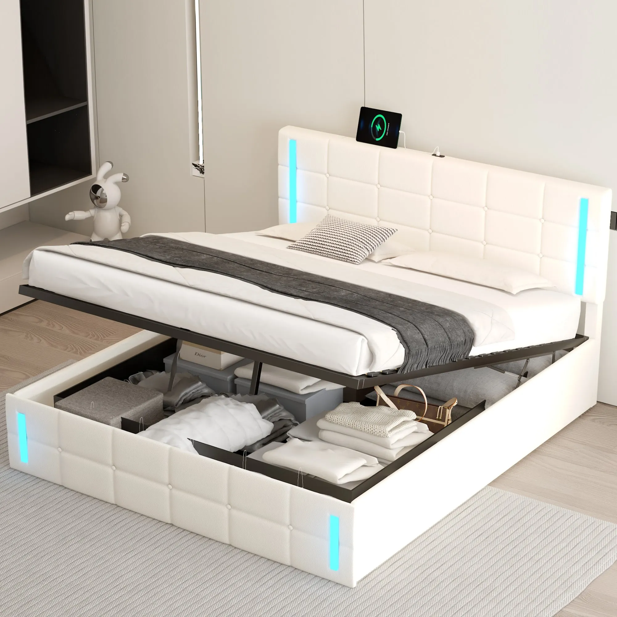 Queen Size Upholstered Bed with LED Lights, Hydraulic Storage System, and USB Charging Station