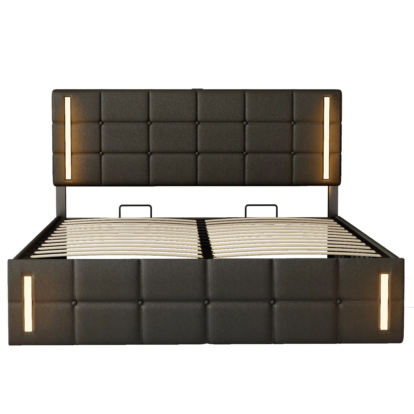 Queen Size Upholstered Bed with LED Lights, Hydraulic Storage System, and USB Charging Station