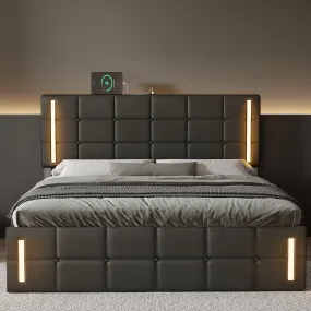 Queen Size Upholstered Bed with LED Lights, Hydraulic Storage System, and USB Charging Station