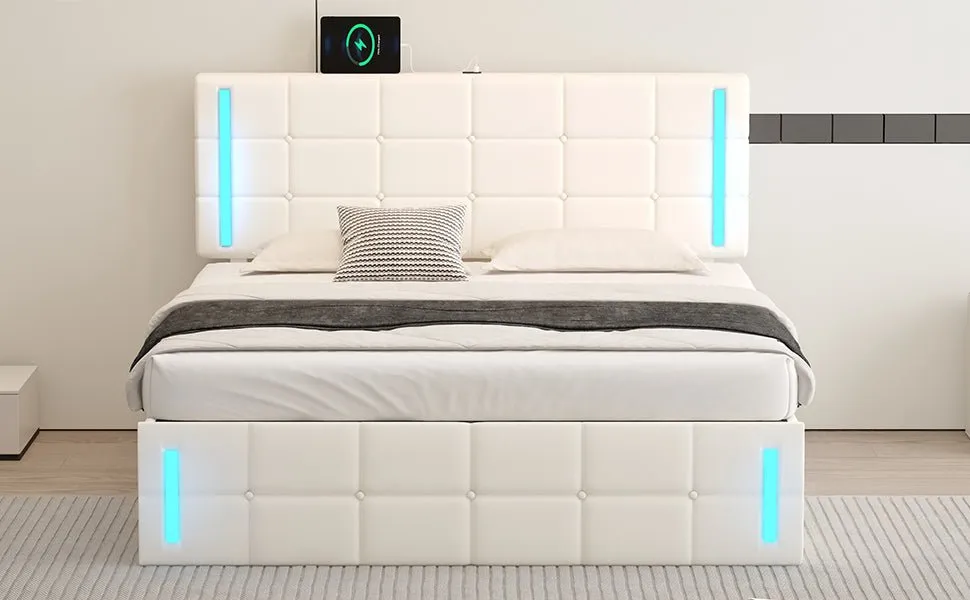 Queen Size Upholstered Bed with LED Lights, Hydraulic Storage System, and USB Charging Station