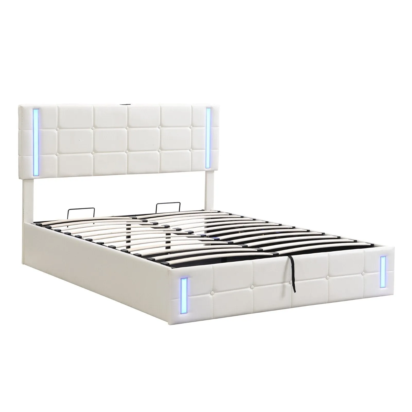 Queen Size Upholstered Bed with LED Lights, Hydraulic Storage System, and USB Charging Station