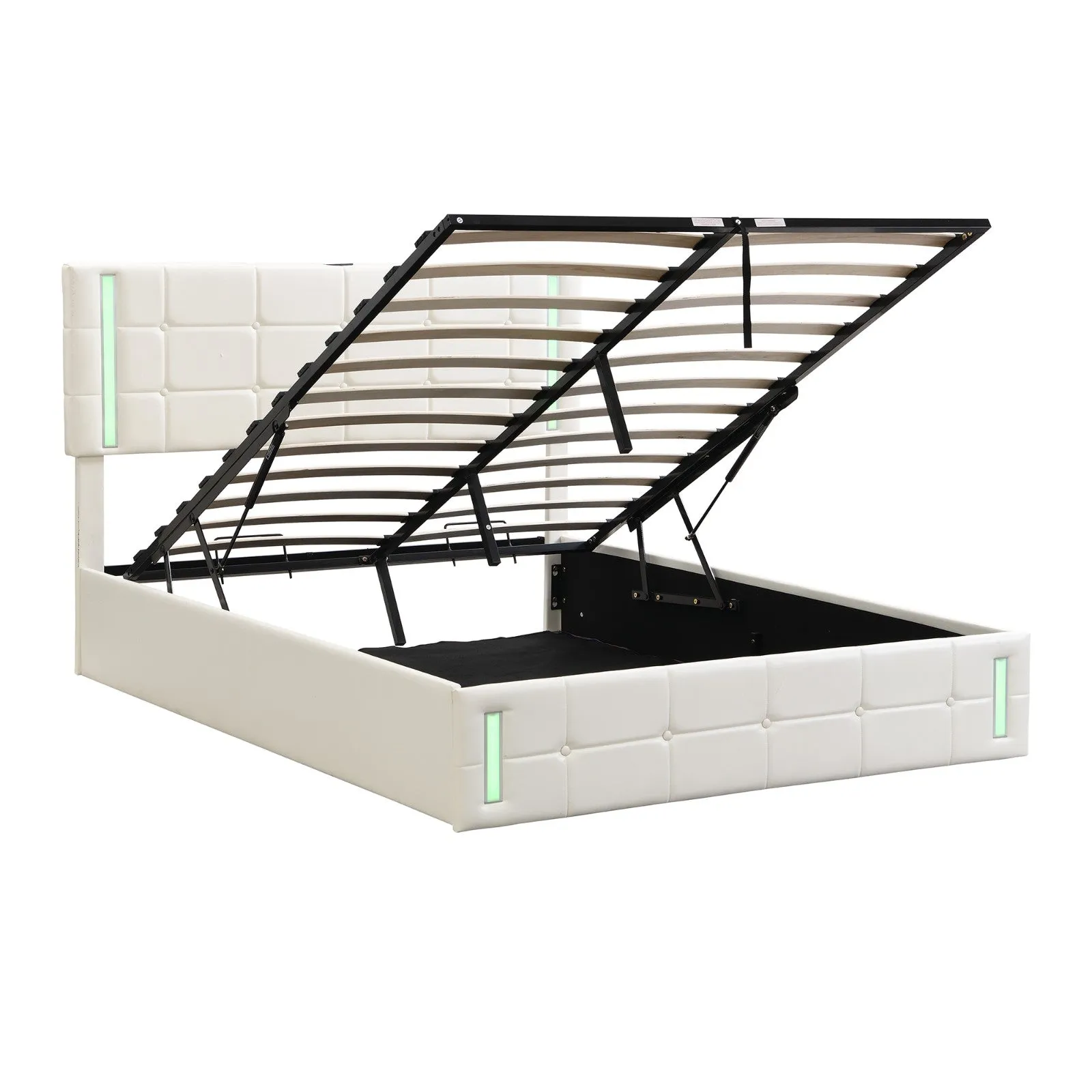 Queen Size Upholstered Bed with LED Lights, Hydraulic Storage System, and USB Charging Station