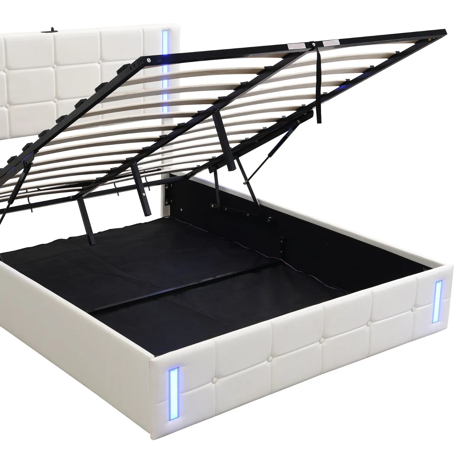 Queen Size Upholstered Bed with LED Lights, Hydraulic Storage System, and USB Charging Station