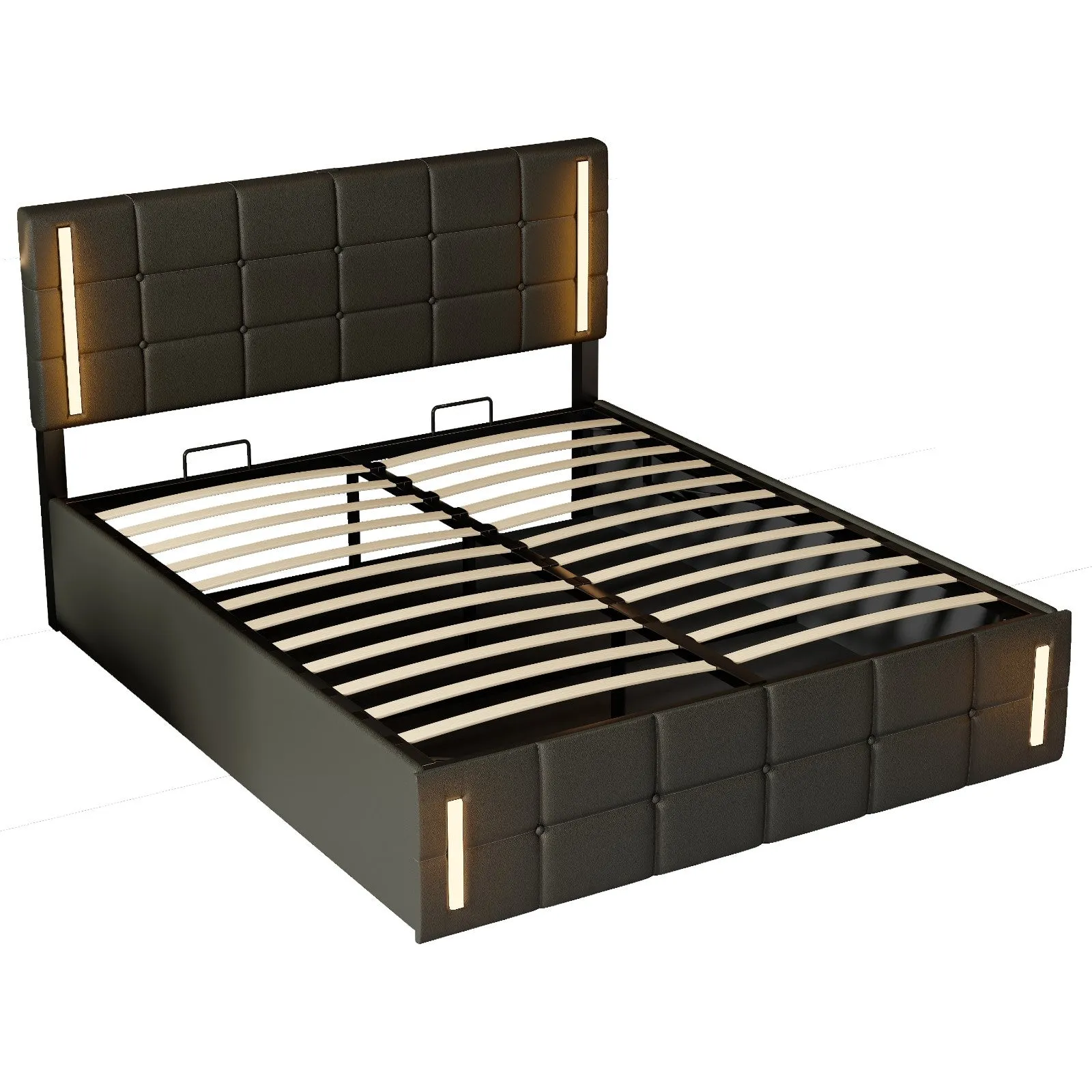 Queen Size Upholstered Bed with LED Lights, Hydraulic Storage System, and USB Charging Station