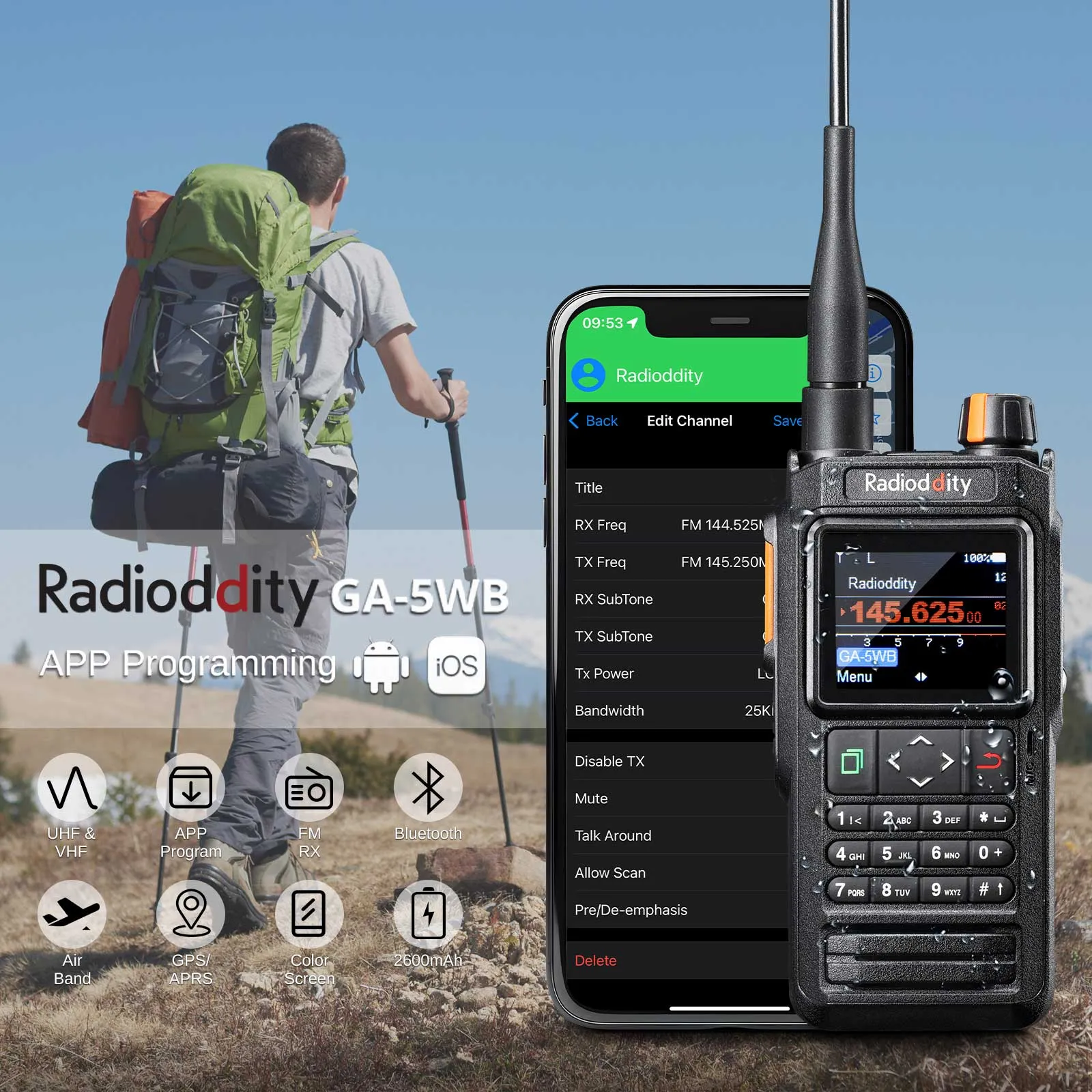 Radioddity GA-5WB | 5W | VHF & UHF | GPS & APRS | Bluetooth Programming | Air Band | IP67 | 2600mAh USB-C