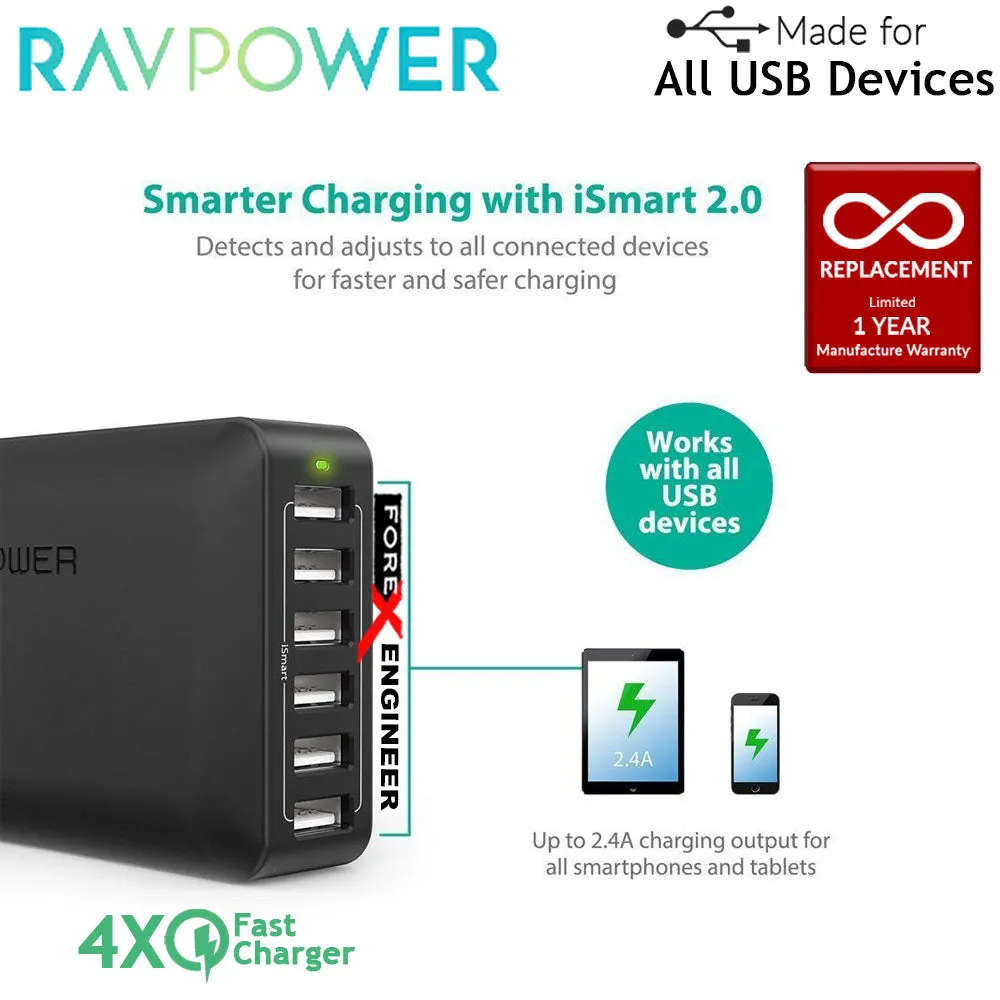 RavPower USB Quick Charge Wall Charger 6 Port 60W ( 5 USB Port   1 QC3.0 ) - Black