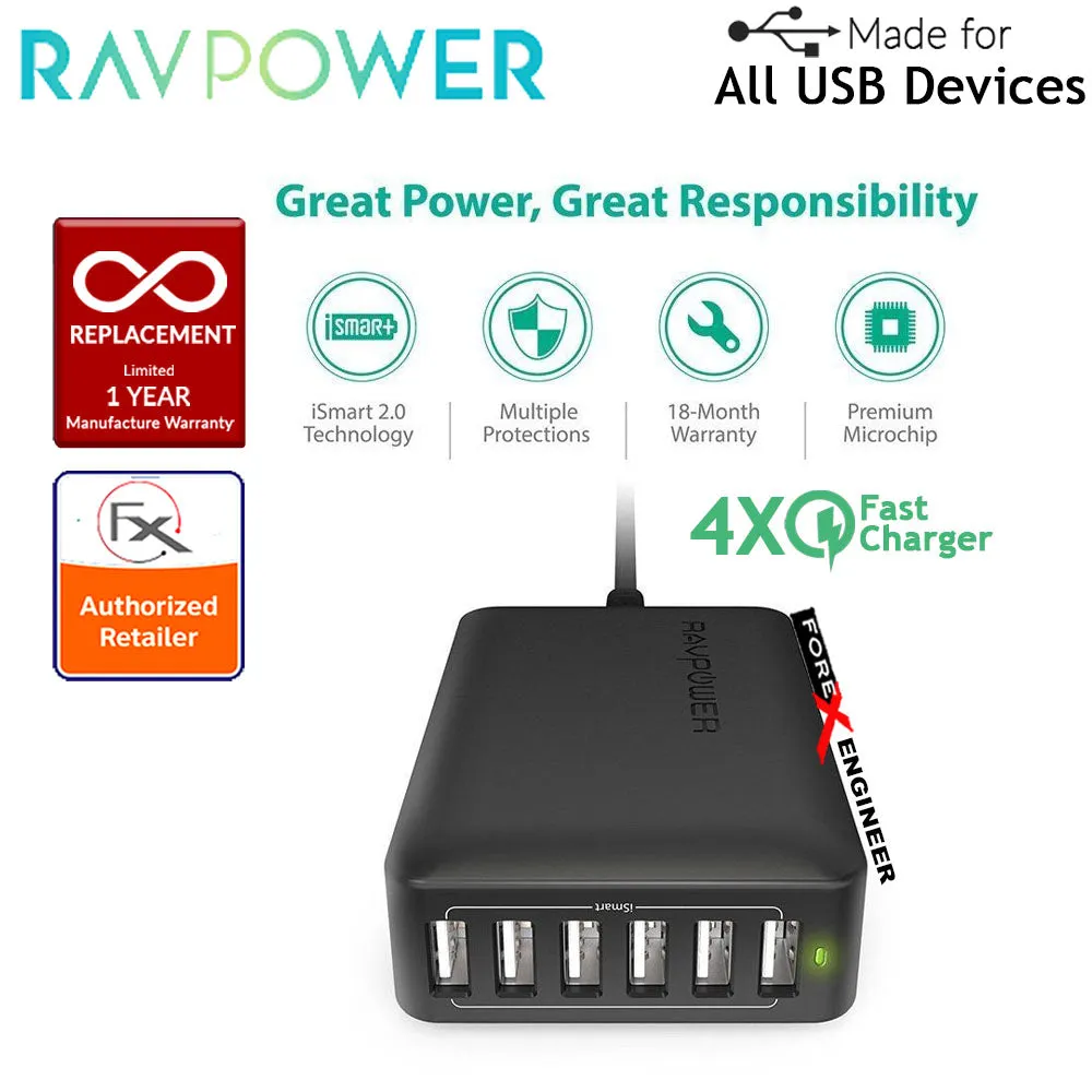 RavPower USB Quick Charge Wall Charger 6 Port 60W ( 5 USB Port   1 QC3.0 ) - Black