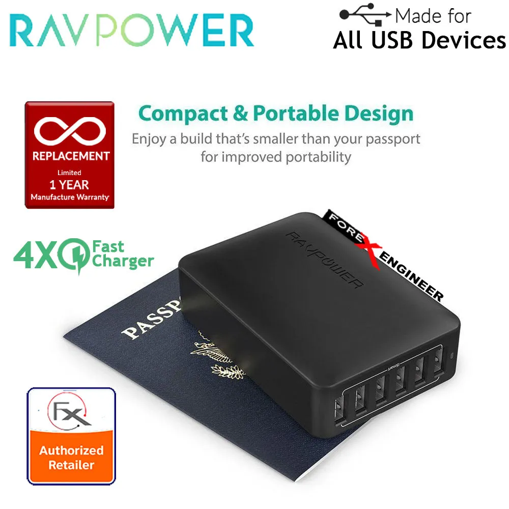 RavPower USB Quick Charge Wall Charger 6 Port 60W ( 5 USB Port   1 QC3.0 ) - Black