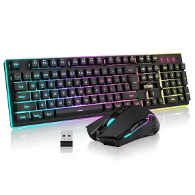 Redthunder K10 Wireless Gaming Keyboard and Mouse Combo, LED Backlit Rechargeable 3800Mah Battery, Mechanical Feel Anti-Ghosting Keyboard   7D 3200DPI Mice for PC Gamer (Black)