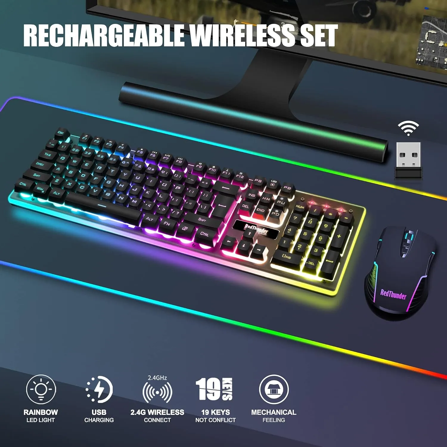 Redthunder K10 Wireless Gaming Keyboard and Mouse Combo, LED Backlit Rechargeable 3800Mah Battery, Mechanical Feel Anti-Ghosting Keyboard   7D 3200DPI Mice for PC Gamer (Black)