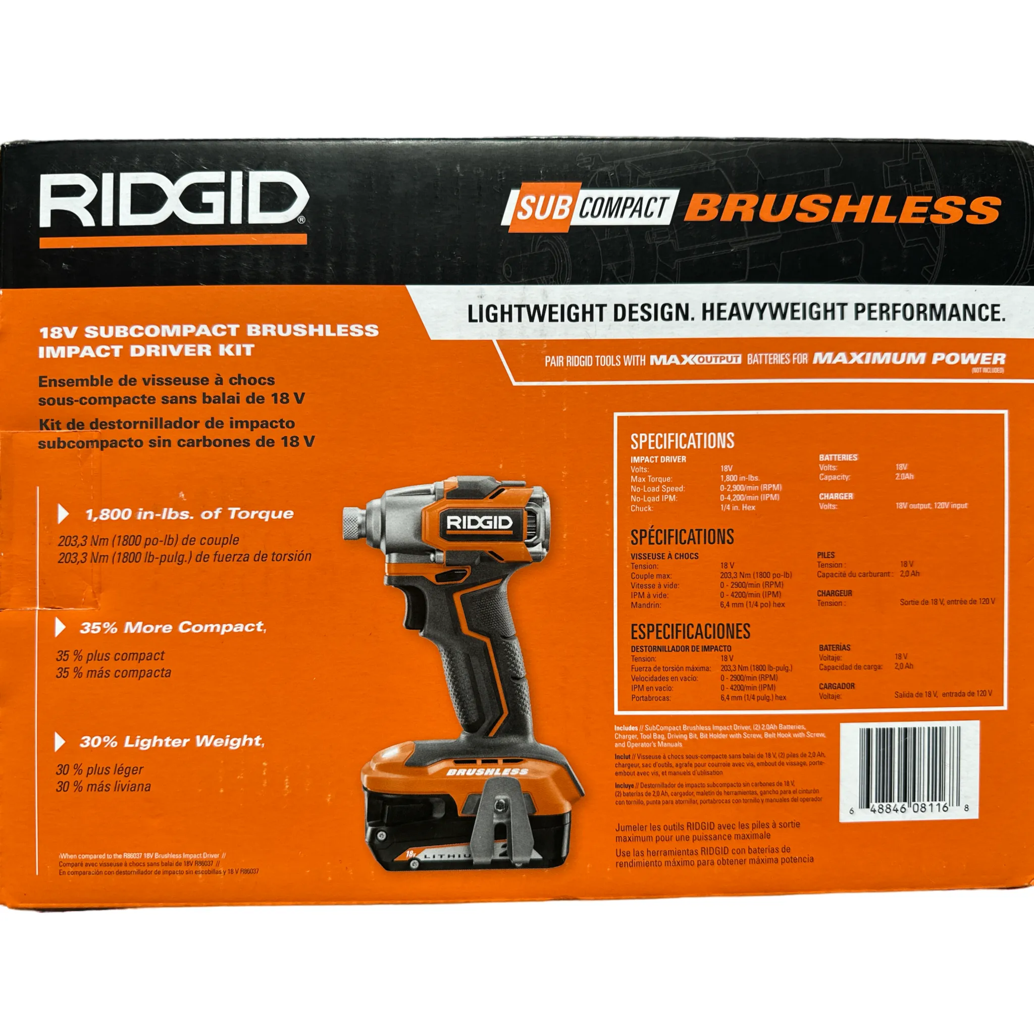 RIDGID 18V SubCompact Brushless Cordless Impact Driver Kit with (2) 2.0 Ah Battery, Charger, and Bag