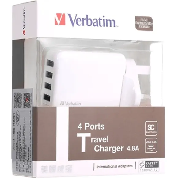 Verbatim 4 USB Port Travel Charger Adapter White AU, US, EU, UK