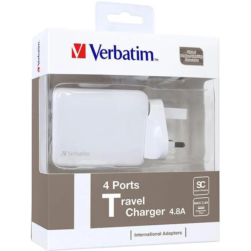 Verbatim 4 USB Port Travel Charger Adapter White AU, US, EU, UK