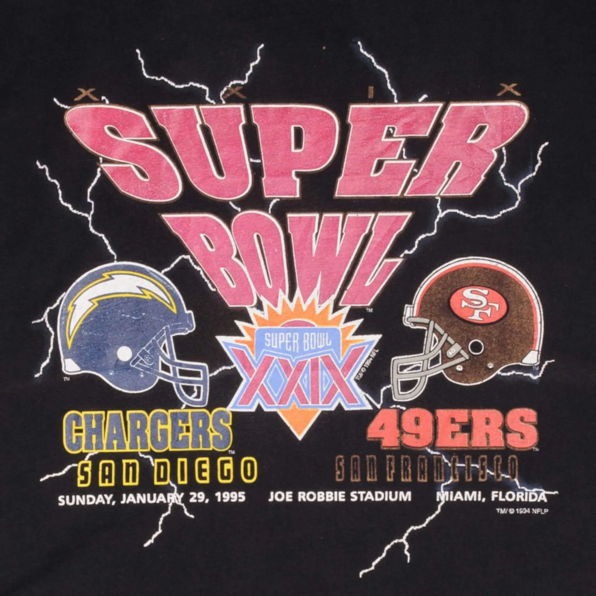 VINTAGE NFL CHARGERS VS 49ERS SUPER BOWL TEE SHIRT 1995 SIZE XL MADE IN USA