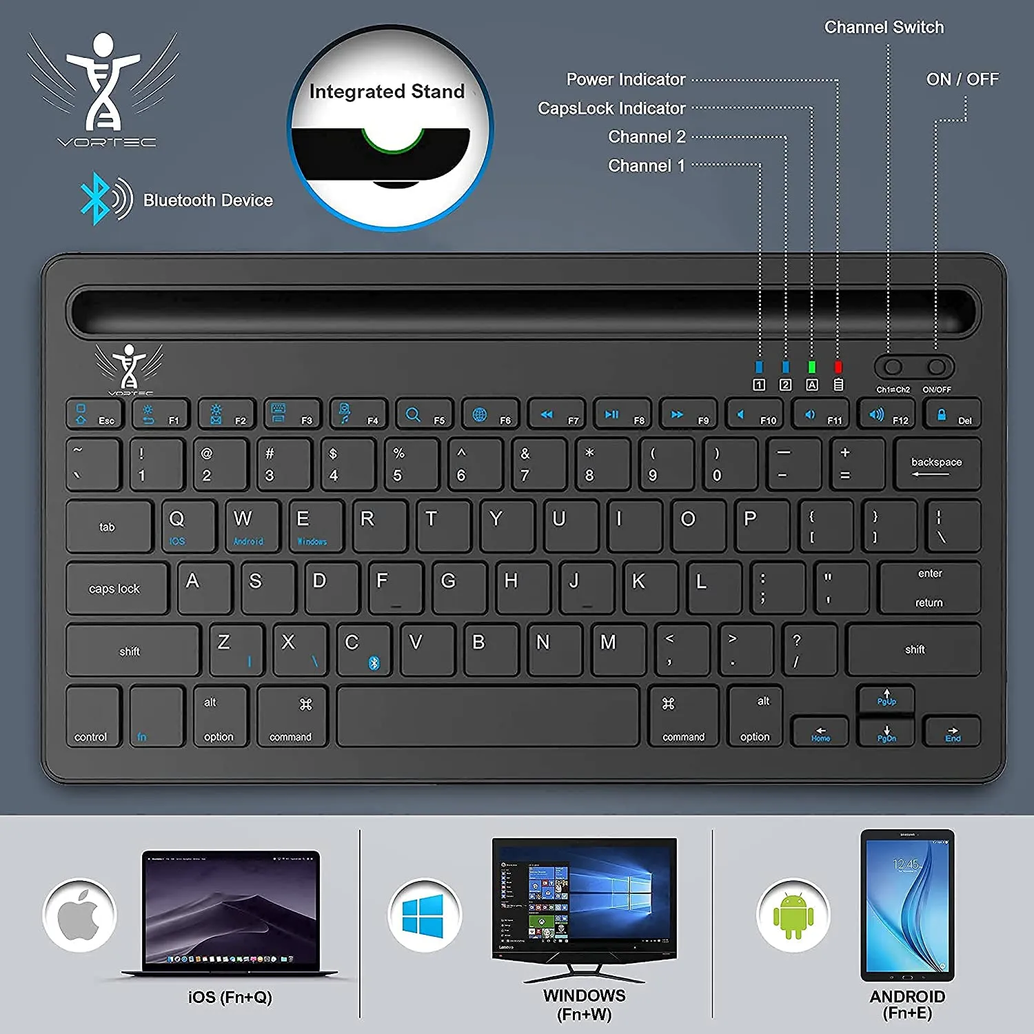 Wireless Bluetooth Rechargeable Slim Compact Multi Device Phone Tablet Keyboard