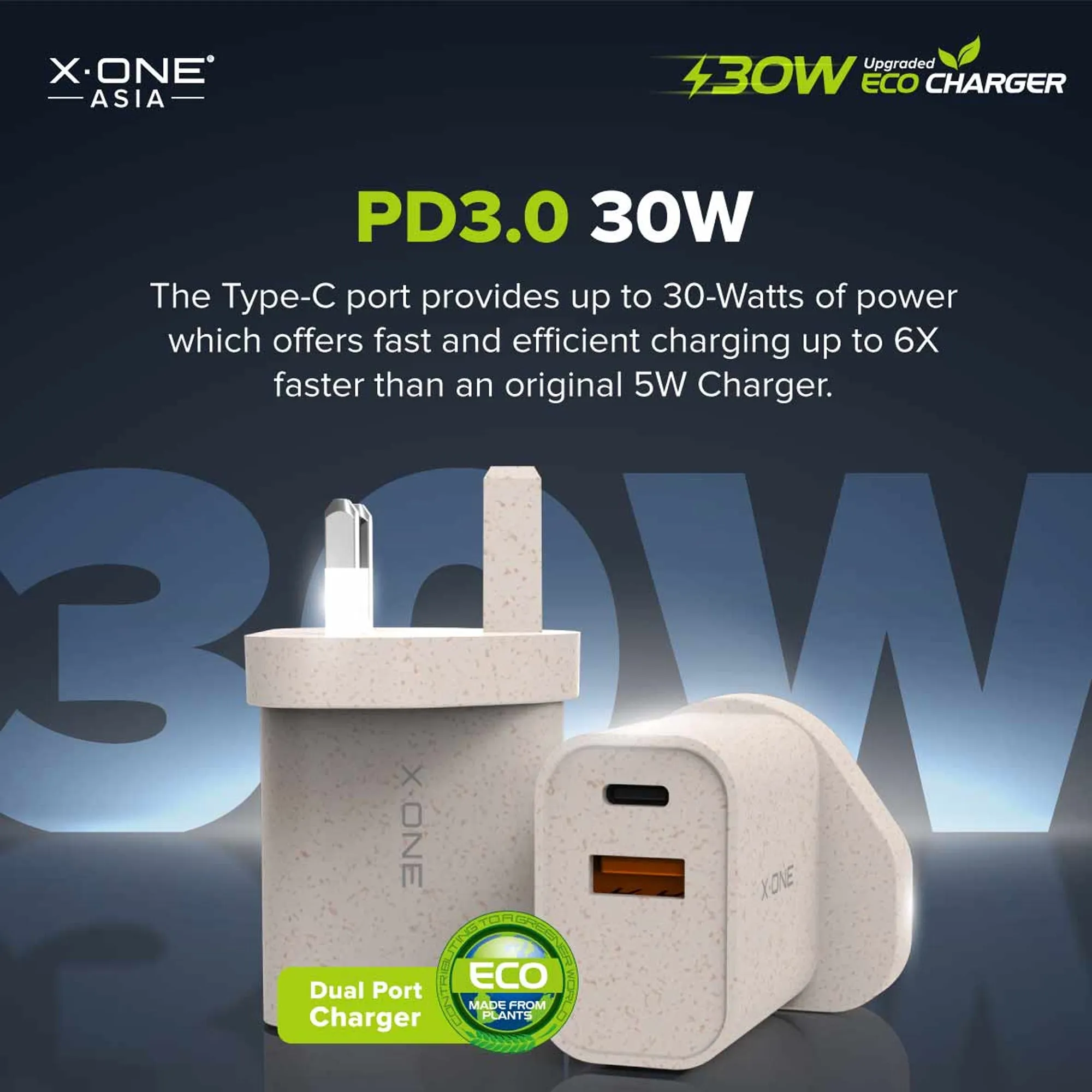 X.One Eco Charger 30W PD 3.0 & QC 4  Dual Port Fast Charger Adapter Wall Charger