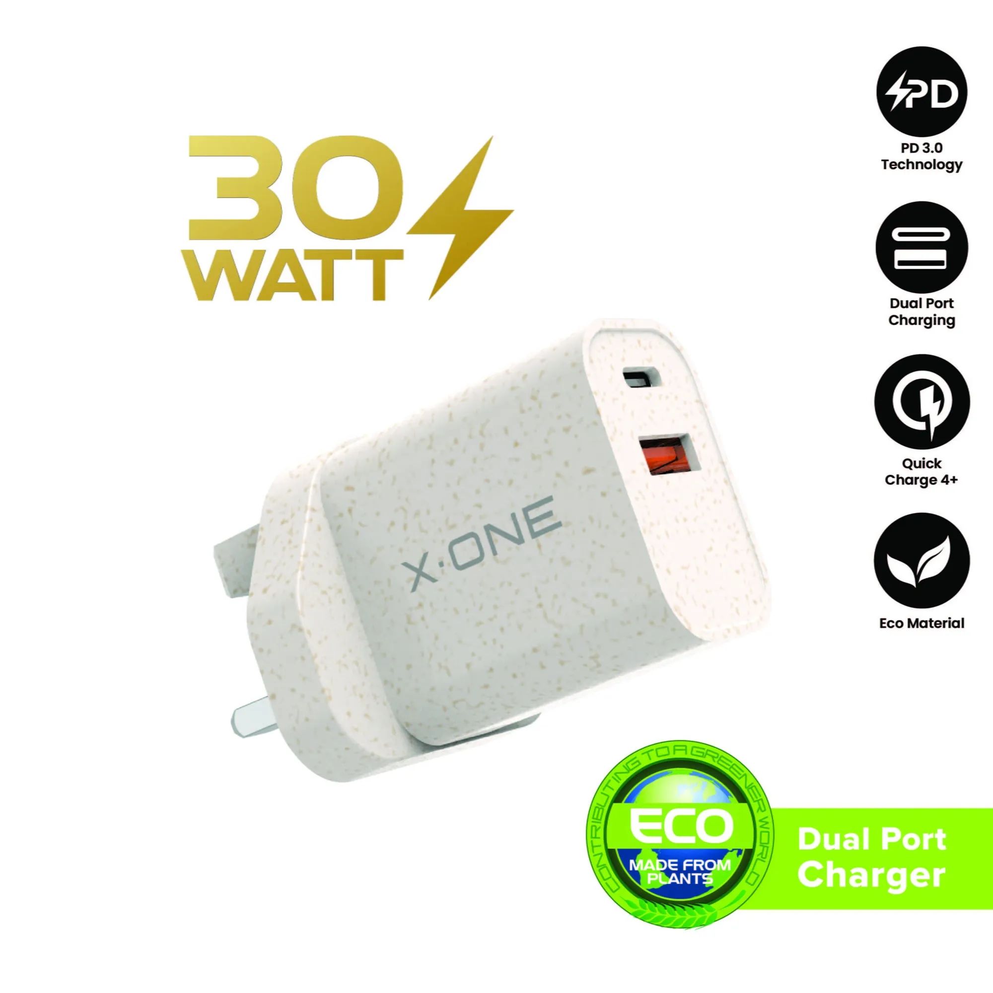 X.One Eco Charger 30W PD 3.0 & QC 4  Dual Port Fast Charger Adapter Wall Charger